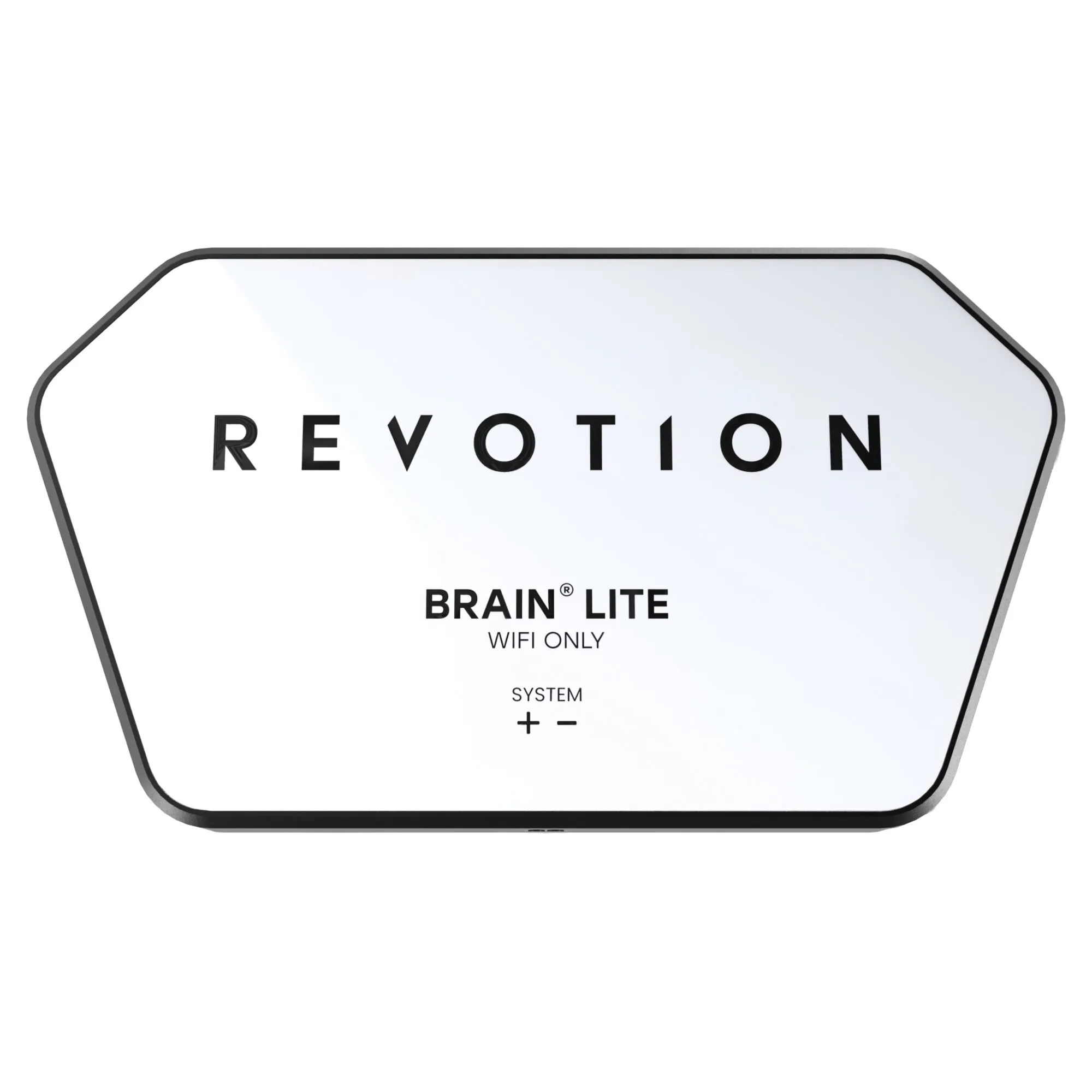 Große weiße Schildform mit dunklem Rand; sichtbar das Wort Revolution (teilweise) sowie BRAIN LITE, WIFI ONLY und SYSTEM + −
