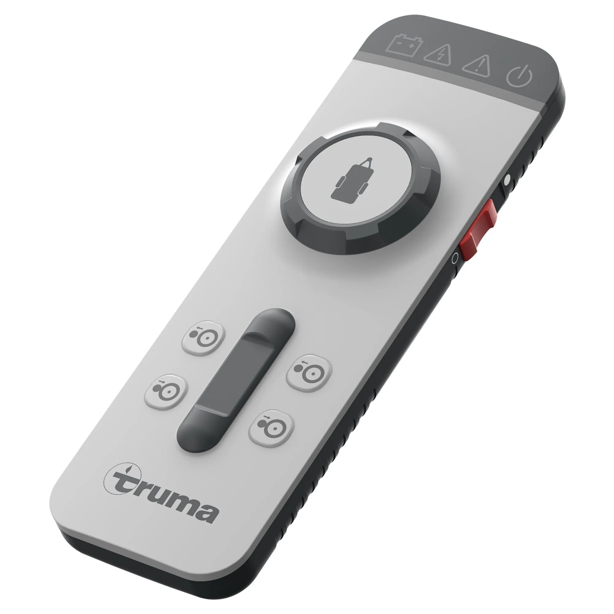 Graue Truma Mover XT Fernbedienung mit zentralem Drehregler, vier Richtungstasten, Display und roten Seitentasten