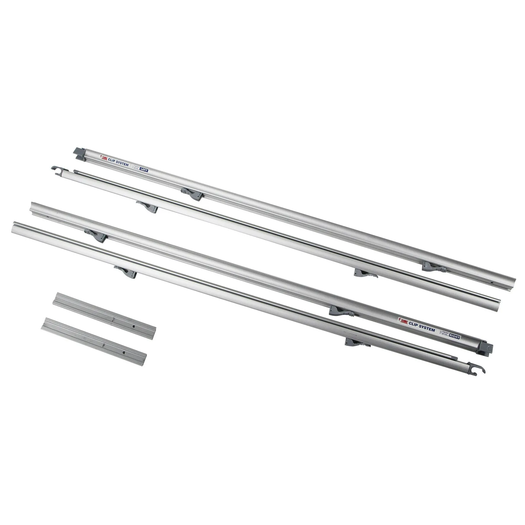 Silberne Aluminium-Verbindungsschienen mit Clip-System und Befestigungselementen für ein Vorzelt, Auszug 250 cm