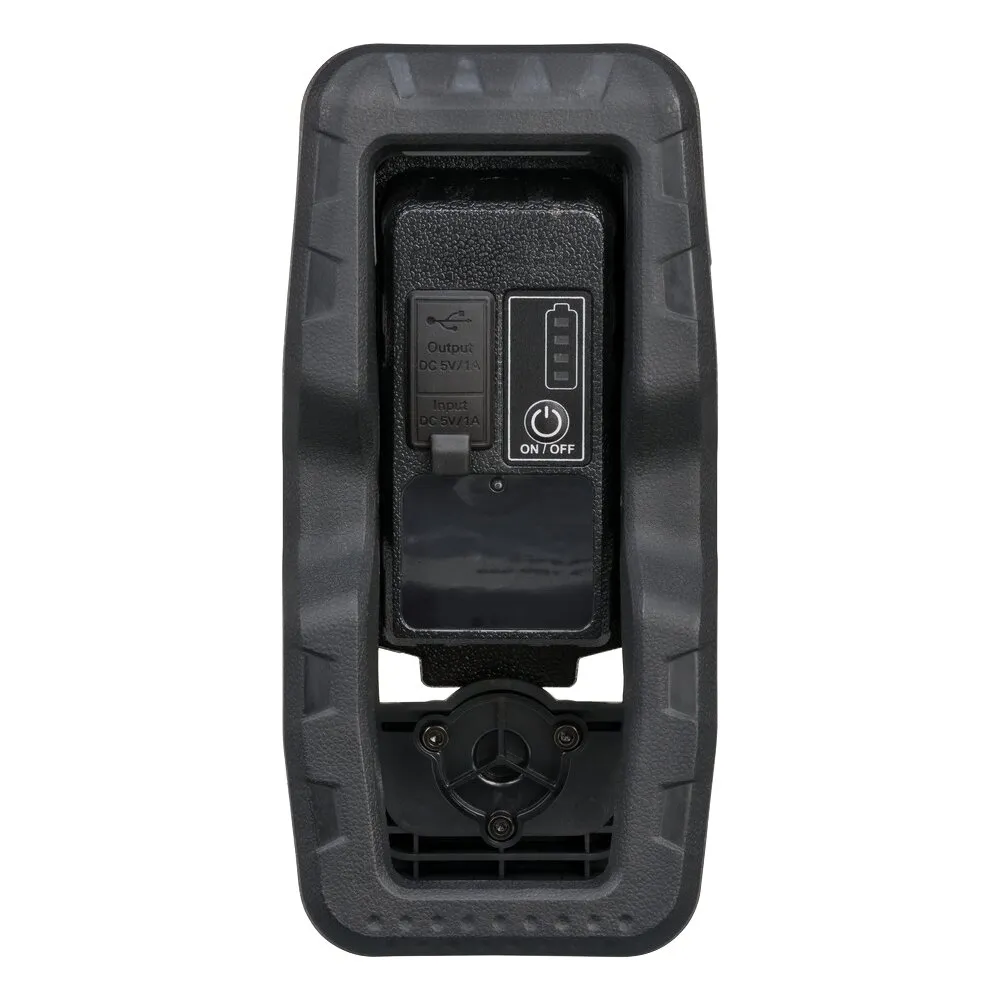 Rückseite des schwarzen Akku-LED-Arbeitsstrahlers CL 1050 MA Clip mit USB-Anschlüssen, Ladeanzeige und Ein-/Ausschalter