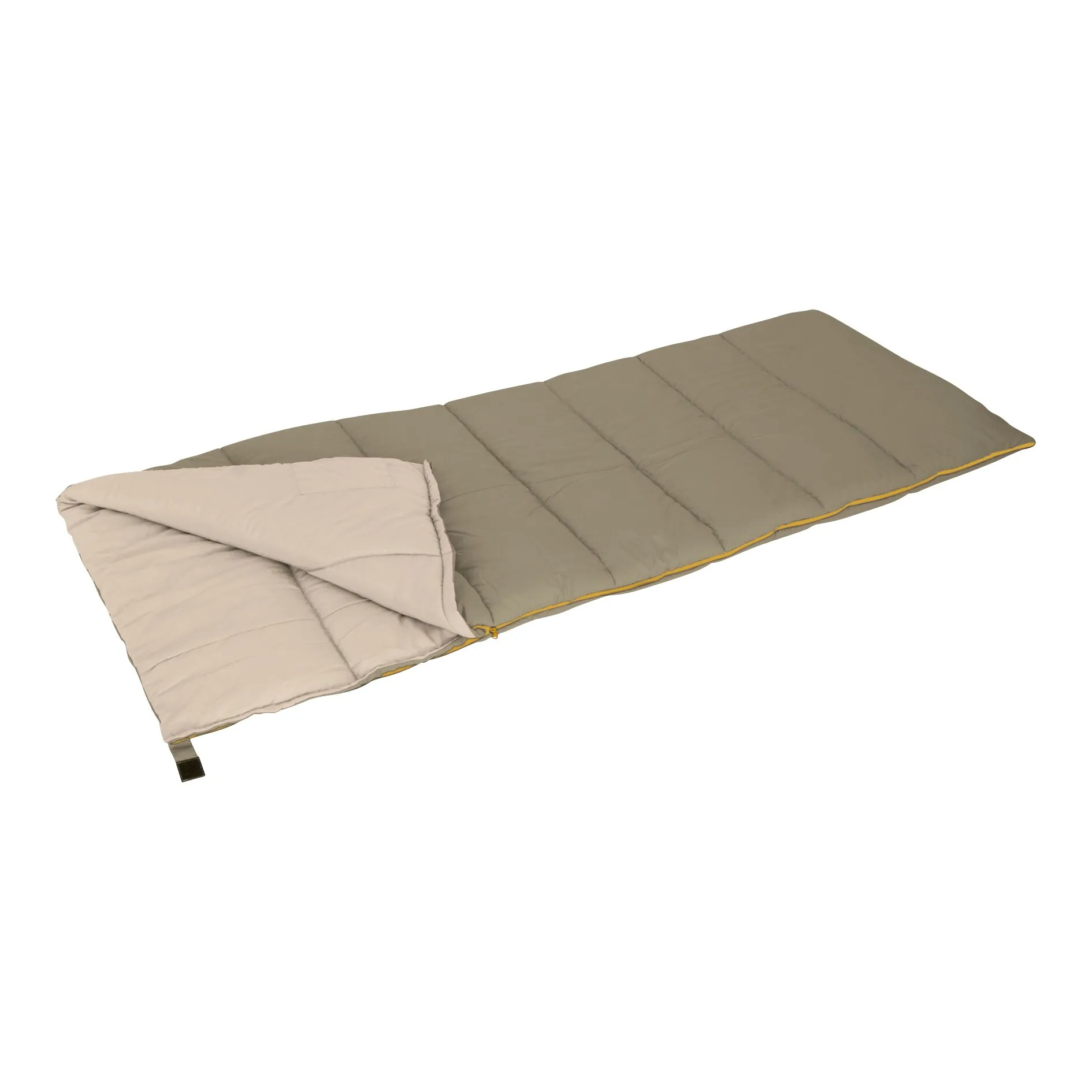 Deckenschlafsack Brooks in 210 × 80 cm, aufgeklappt mit olivgrüner Außenseite, heller Innenseite und gelbem Reißverschlussrand