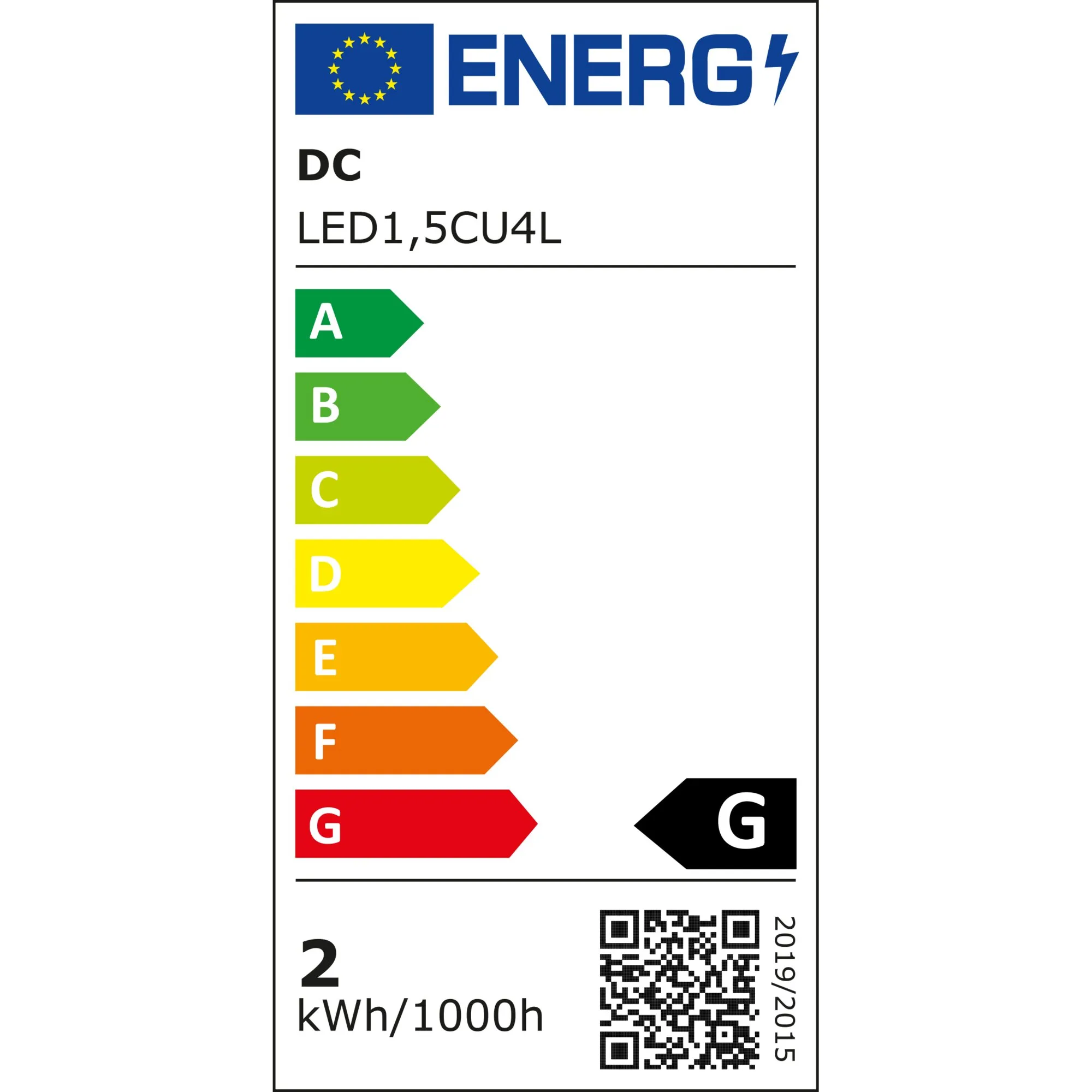 Energieetikett für LED-Leuchtmittel GU4 mit 1,5 W, Energieeffizienzklasse G und Verbrauch von 2 kWh pro 1000 Stunden