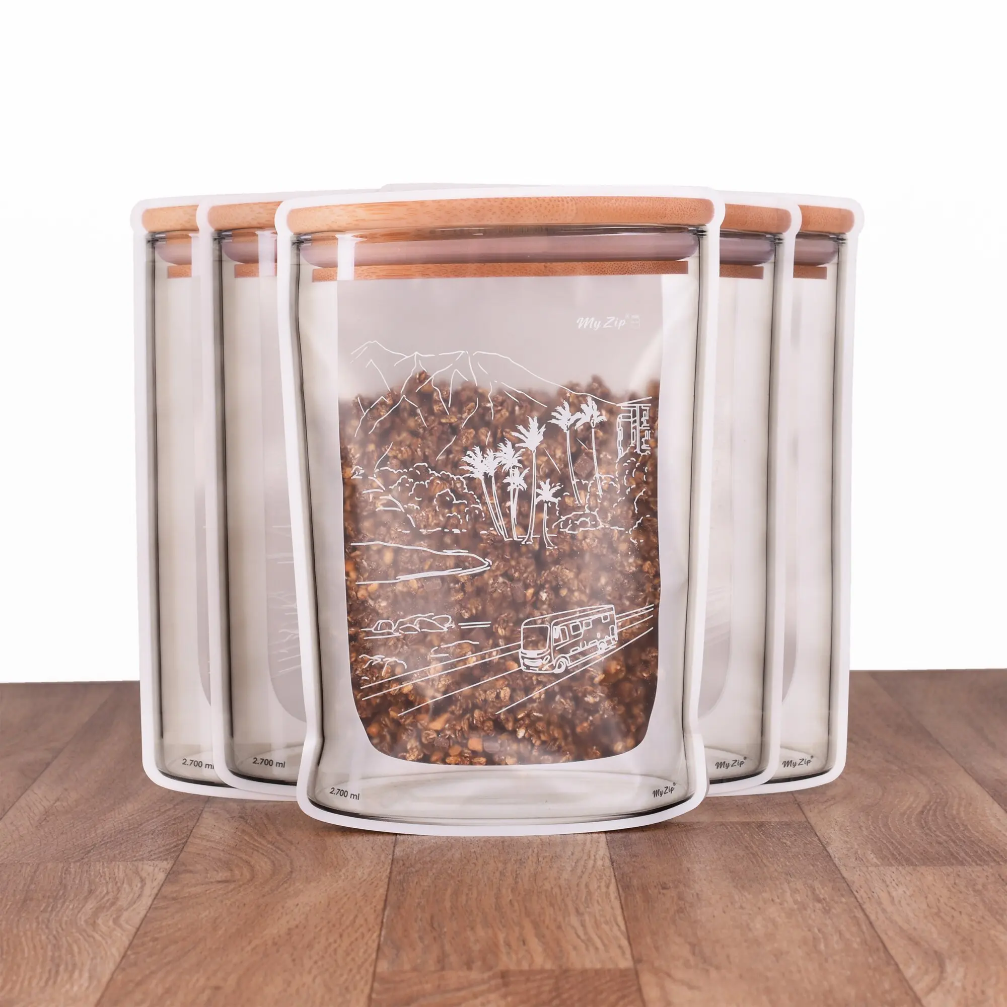 5-tlg. XL Aufbewahrungsbeutel-Set, transparente Beutel mit weißem Rand und orangefarbenem Reißverschluss, gestapelt, Berglandschafts-Motiv und My Zip Logo 2,7 l
