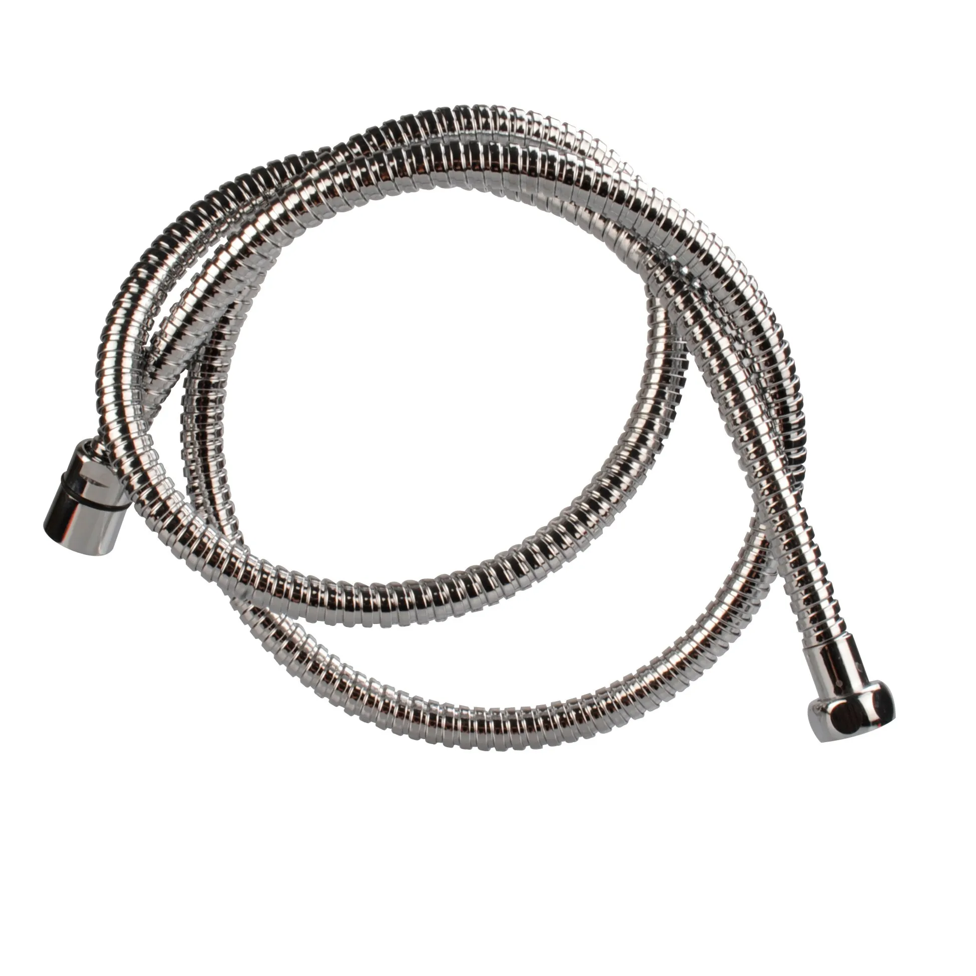 Chromfarbener Brauseschlauch mit geriffelter Metallummantelung und zwei sichtbaren ½-Zoll-Anschlüssen, spiralförmig gelegt