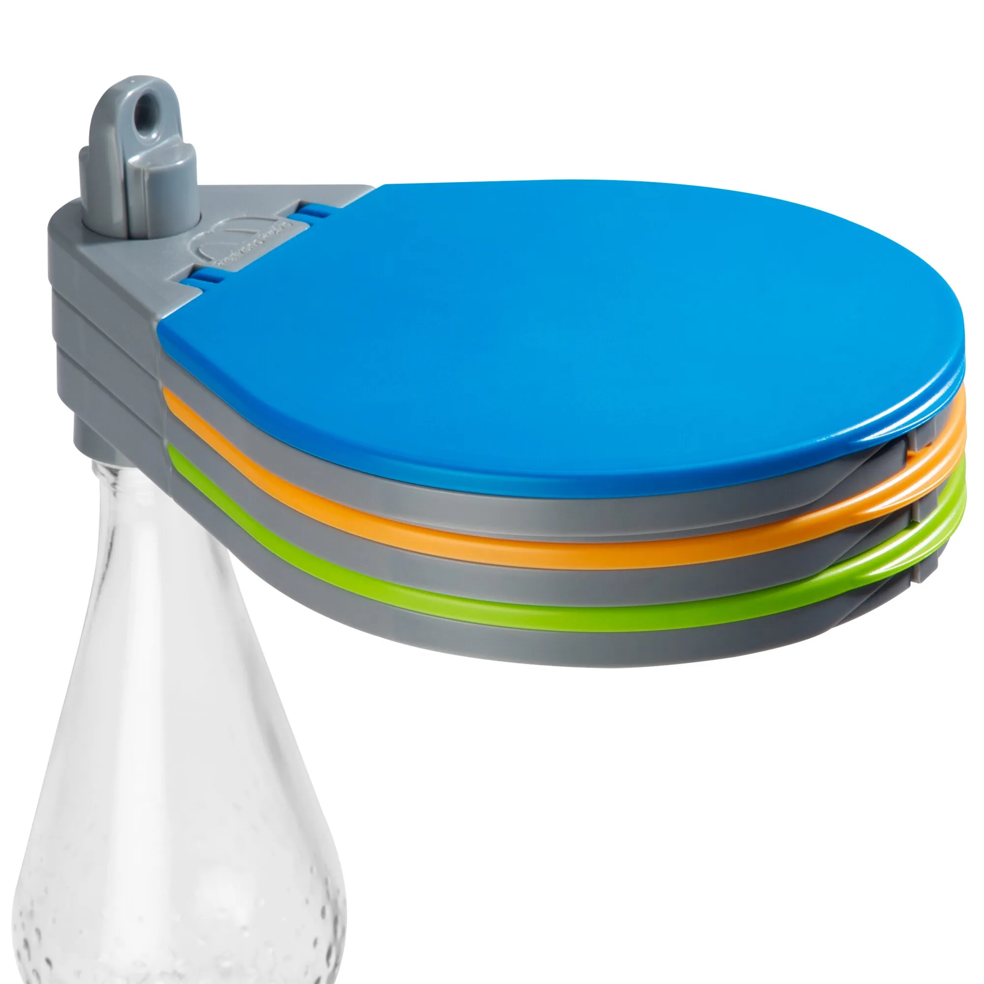 Resty Mülltrenner mit blauem Deckel, grauem Gehäuse und farblich getrennten Fächern in Orange und Grün