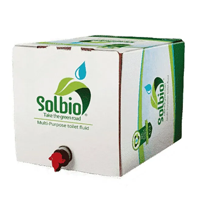 Solbio 4-in-1-Toilettenzusatz als 10-Liter-Karton mit rotem Auslaufhahn und grüner Blatt-Tropfen-Gestaltung