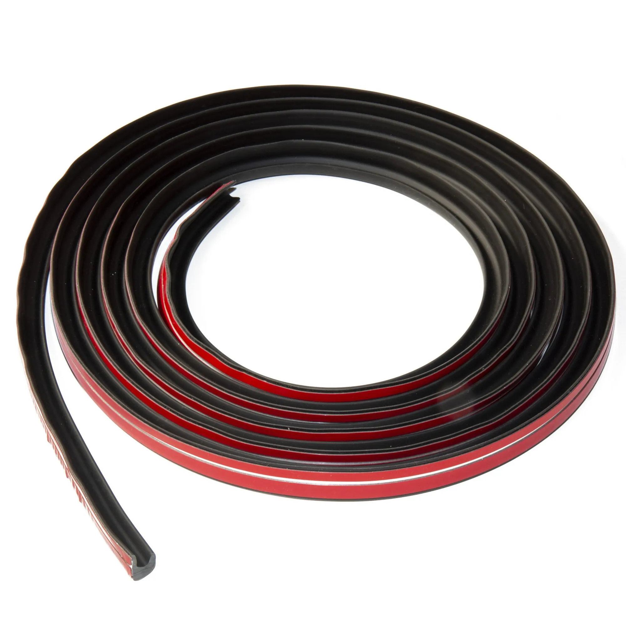 Schwarze Drip-Stop-Regenrinne, 200 cm lang, aufgerollt mit sichtbarem rotem Klebestreifen