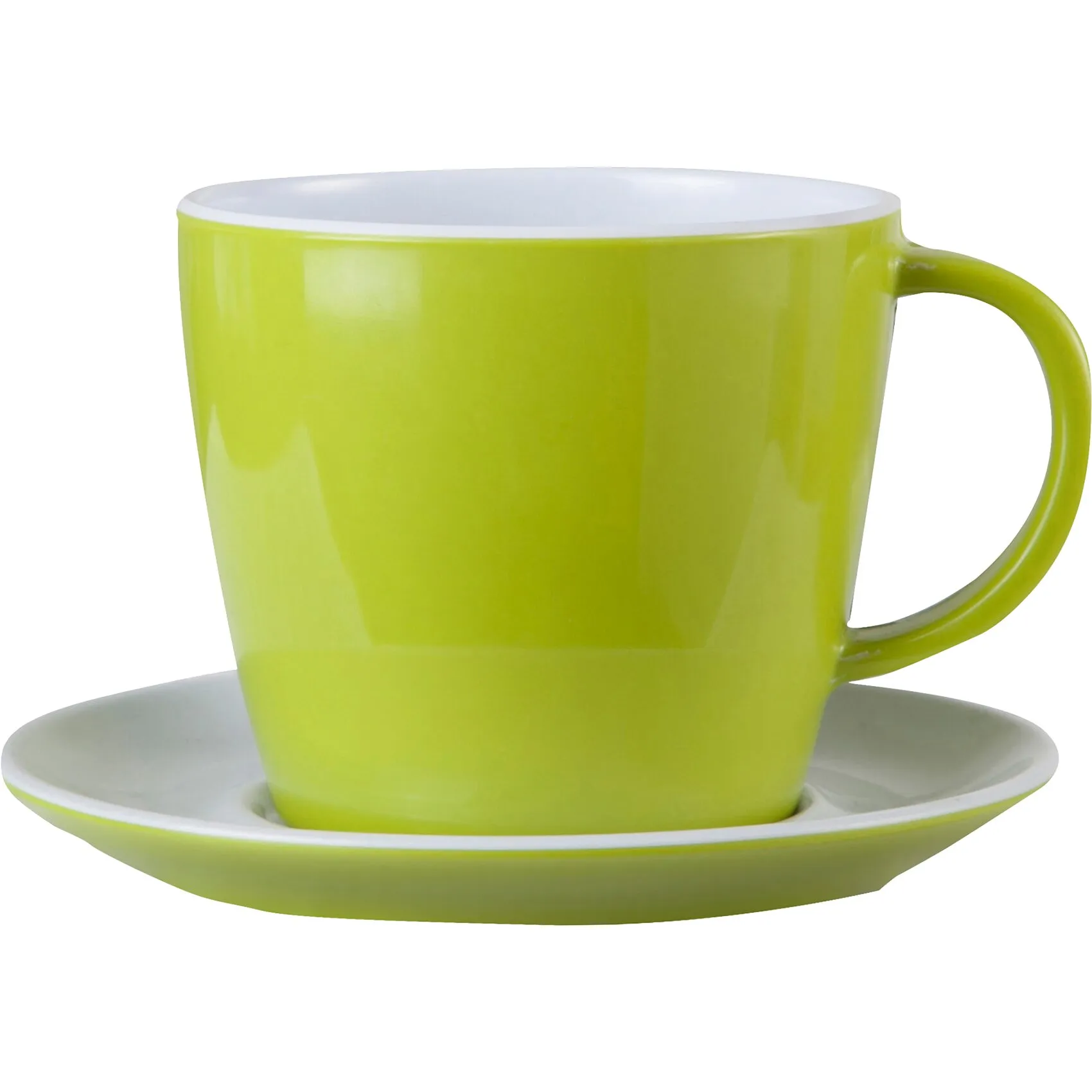 Grüne Tasse mit weißem Innenrand und passender Untertasse aus der Geschirrserie Space, seitliche Ansicht