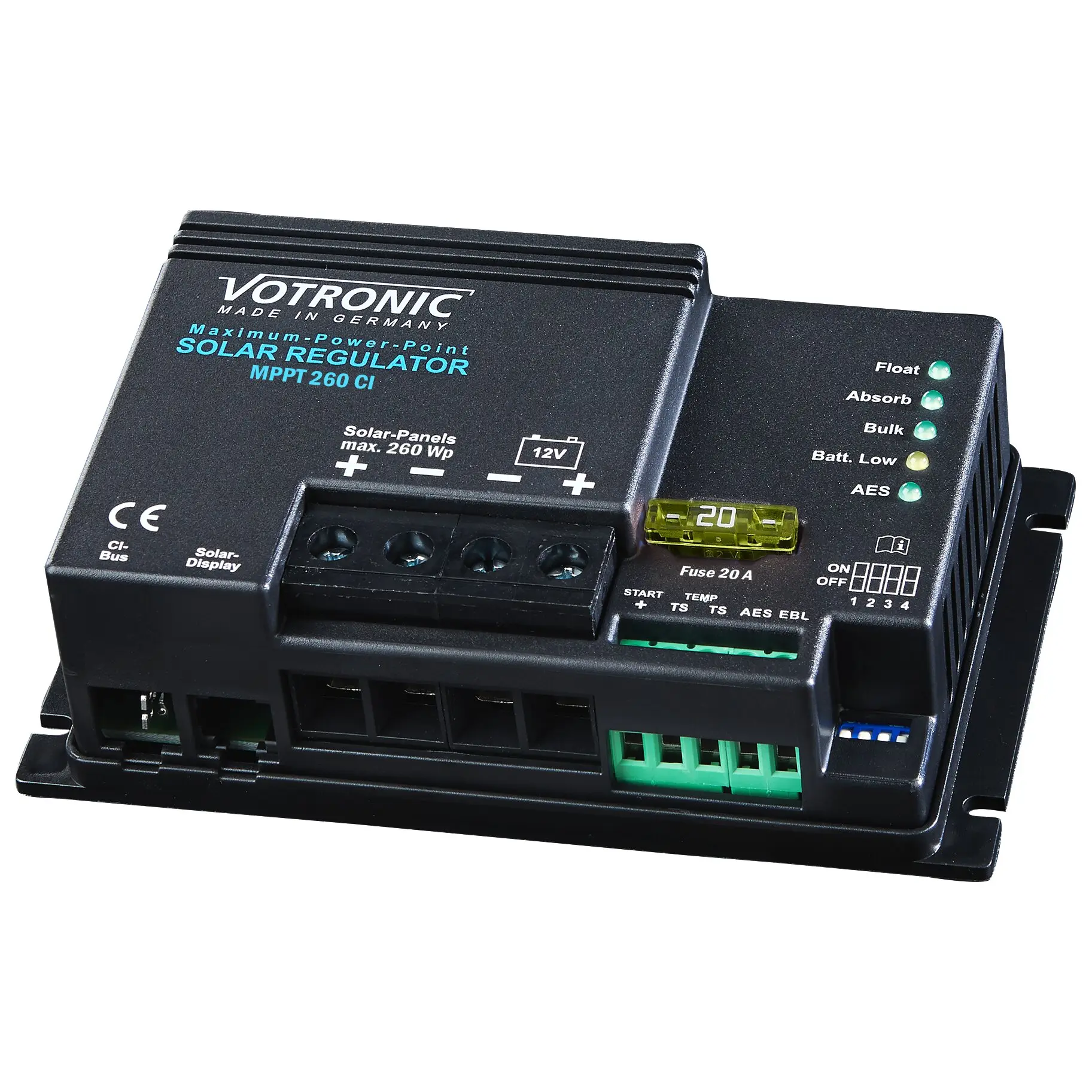 VOTRONIC MPPT 260 CI Solarregulator in schwarzem Gehäuse mit grünen Status-LEDs und sichtbaren Anschlussklemmen unten
