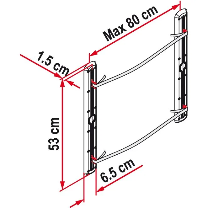 Technische Darstellung des Heckgaragenbefestigungssystems Cargo Strap mit zwei Halteschienen und Gurten, Maße 53 cm, 80 cm, 6,5 cm und 1,5 cm
