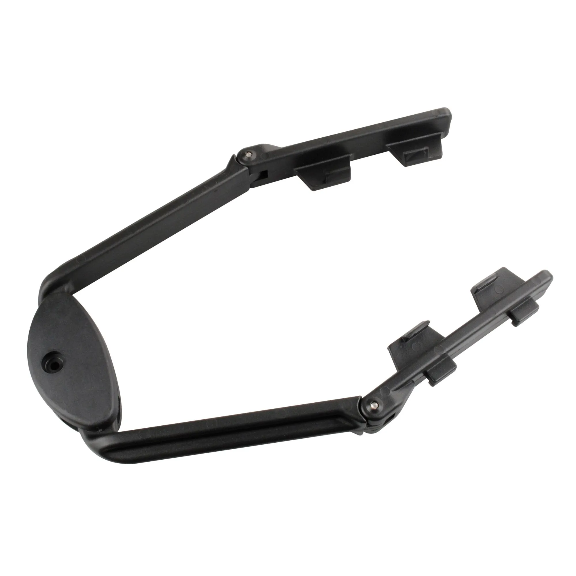 Schwarzes Befestigungsarm-Set mit oberem und unterem Arm, Gelenken und mehreren Montagehalterungen vor weißem Hintergrund