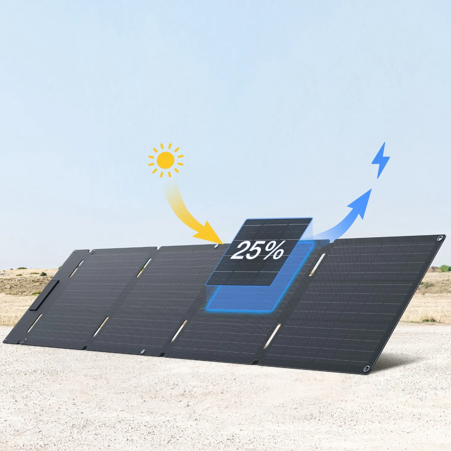 Faltbares Solarmodul, 60 Wp, auf staubigem Boden geöffnet, sichtbare Paneele mit grafischer 25%-Anzeige, gelbe Sonne und blaue Pfeile