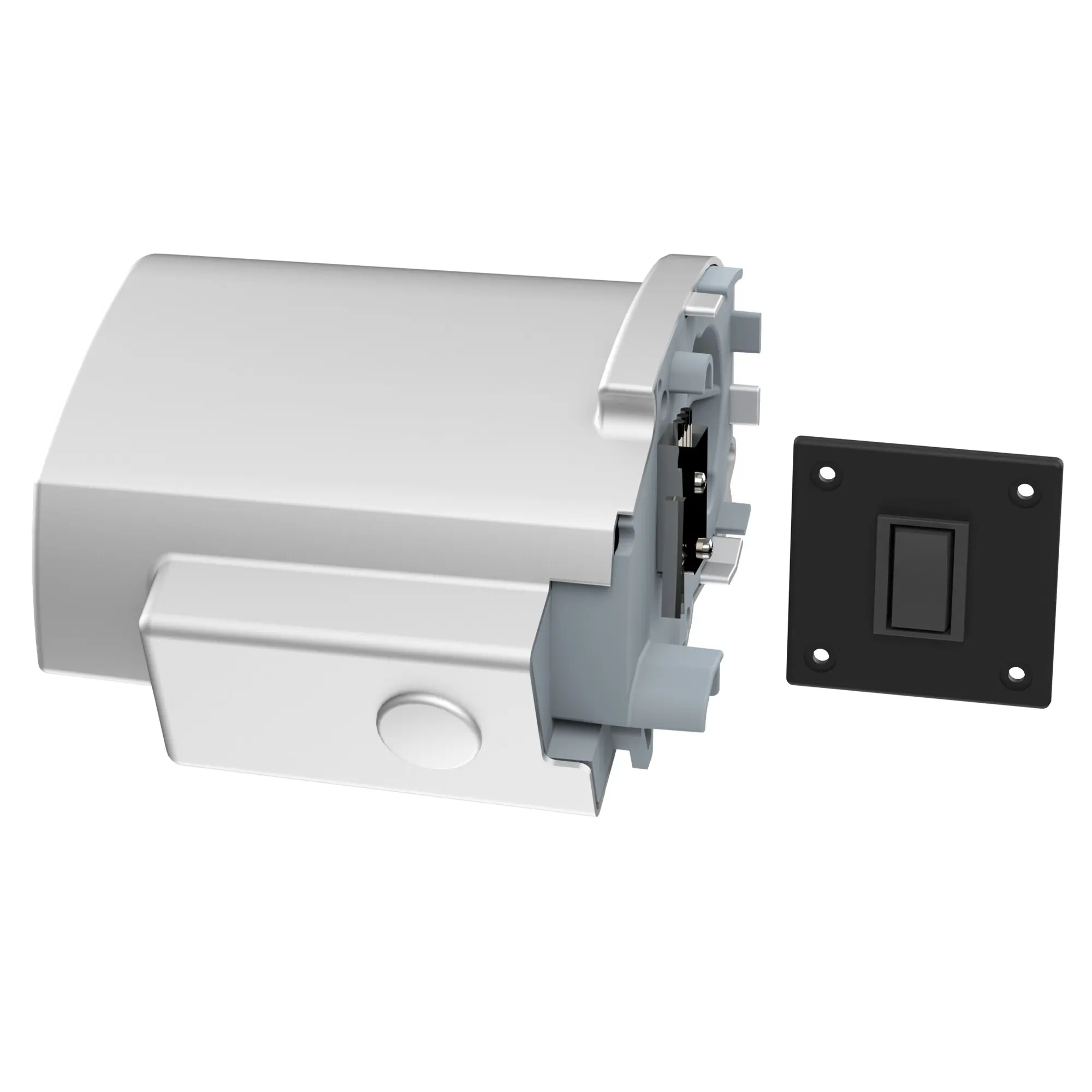 Nahaufnahme eines Motor Kit Compact F80L aus Titan: silbernes zylindrisches Gehäuse, graue Montageschelle und schwarze Befestigungsplatte mit vier Löchern
