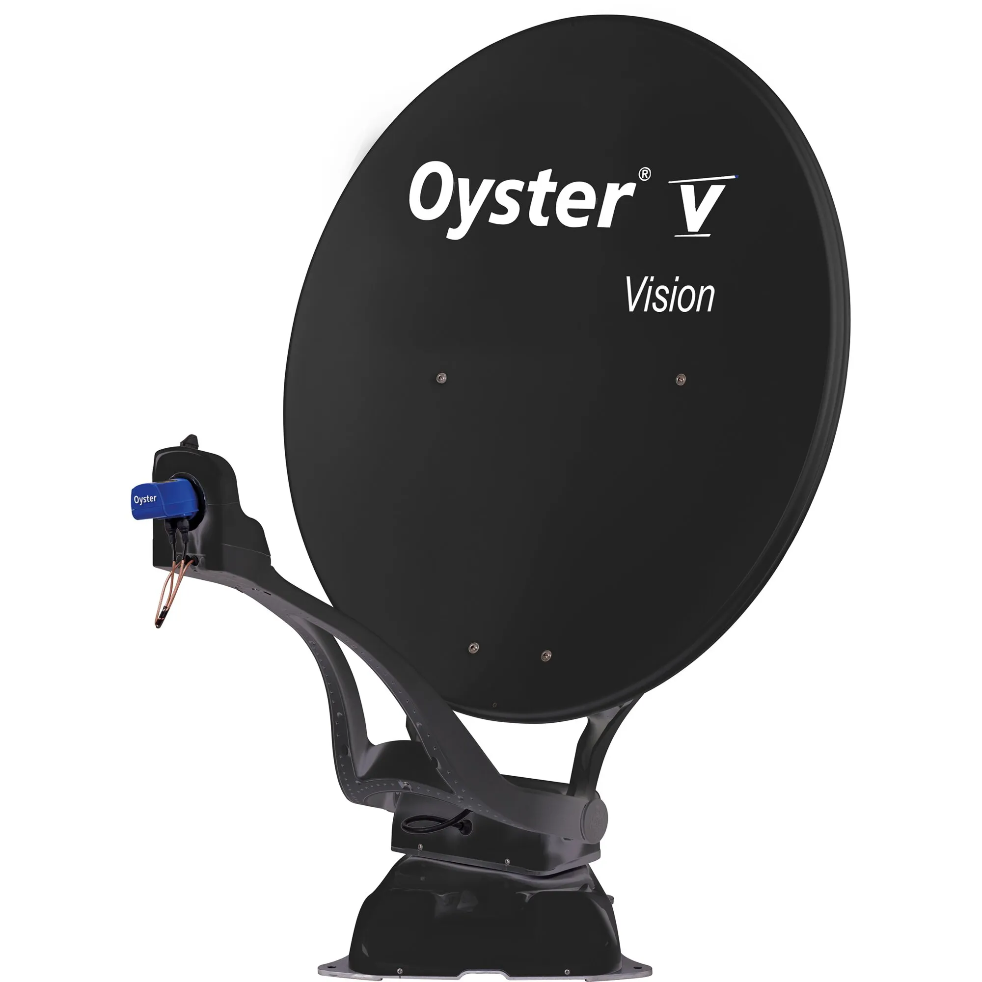 Anthrazitfarbene Sat-Anlage Oyster V 85 Vision Twin mit großem Parabolspiegel und blauem Twin-LNB auf Standfuß