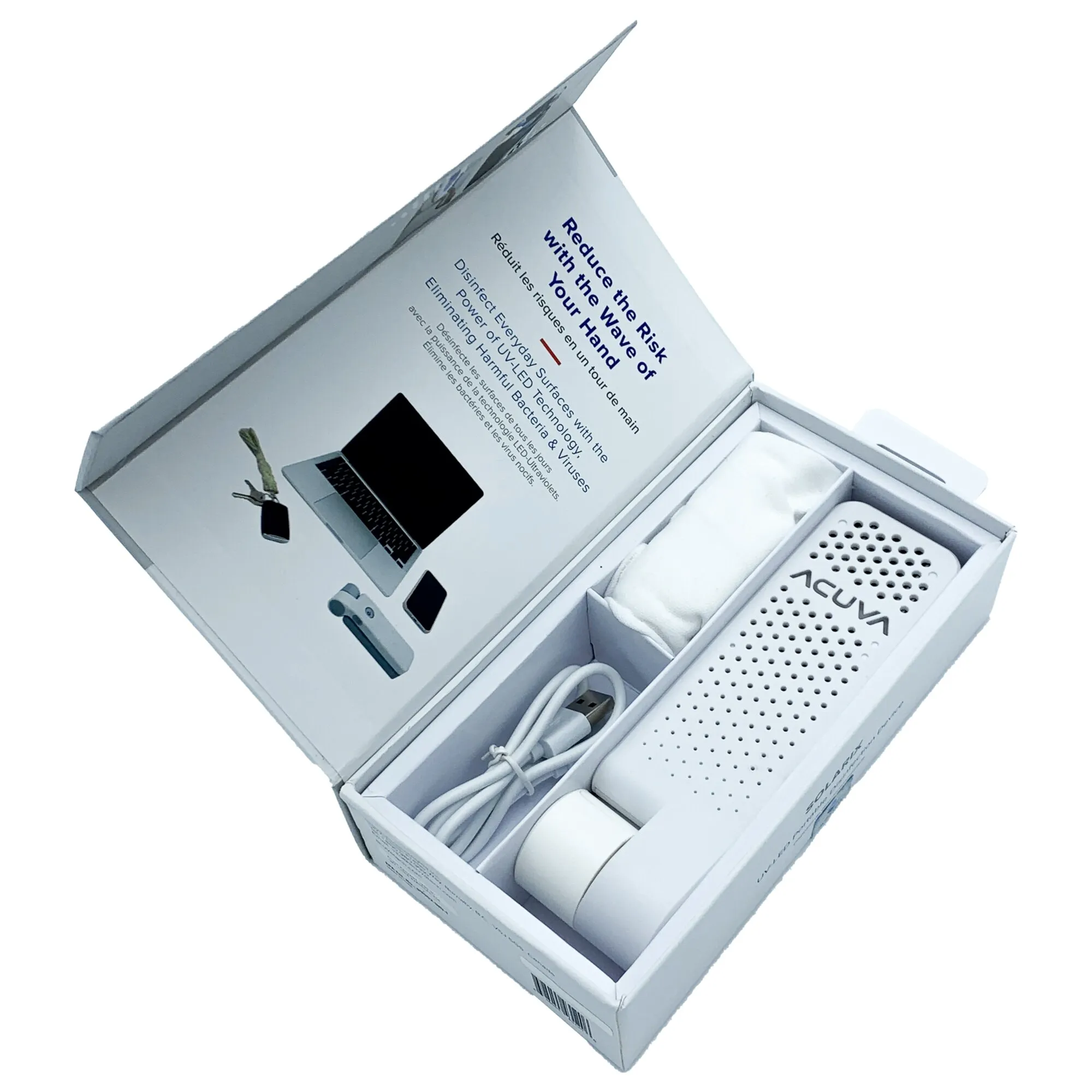 Geöffnete Verpackung der Acuva™ Solarix Oberflächen-Desinfektion mit weißem UV-LED-Gerät, USB-Kabel, Netzteil und Anleitung