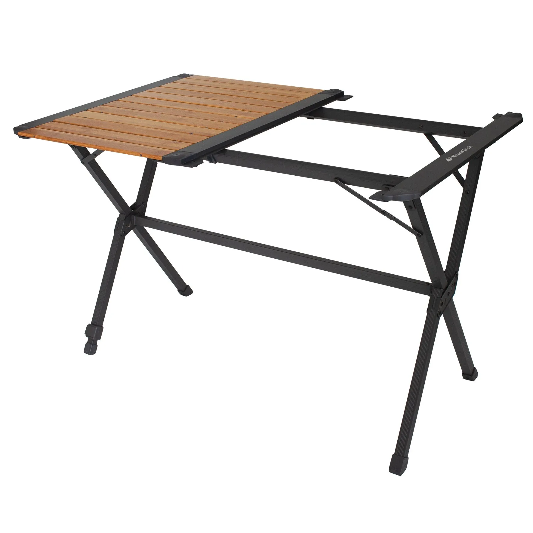 Bambus-Rolltisch Chambery mit 110 cm langer Holzlatten-Tischplatte und schwarzem klappbarem Gestell