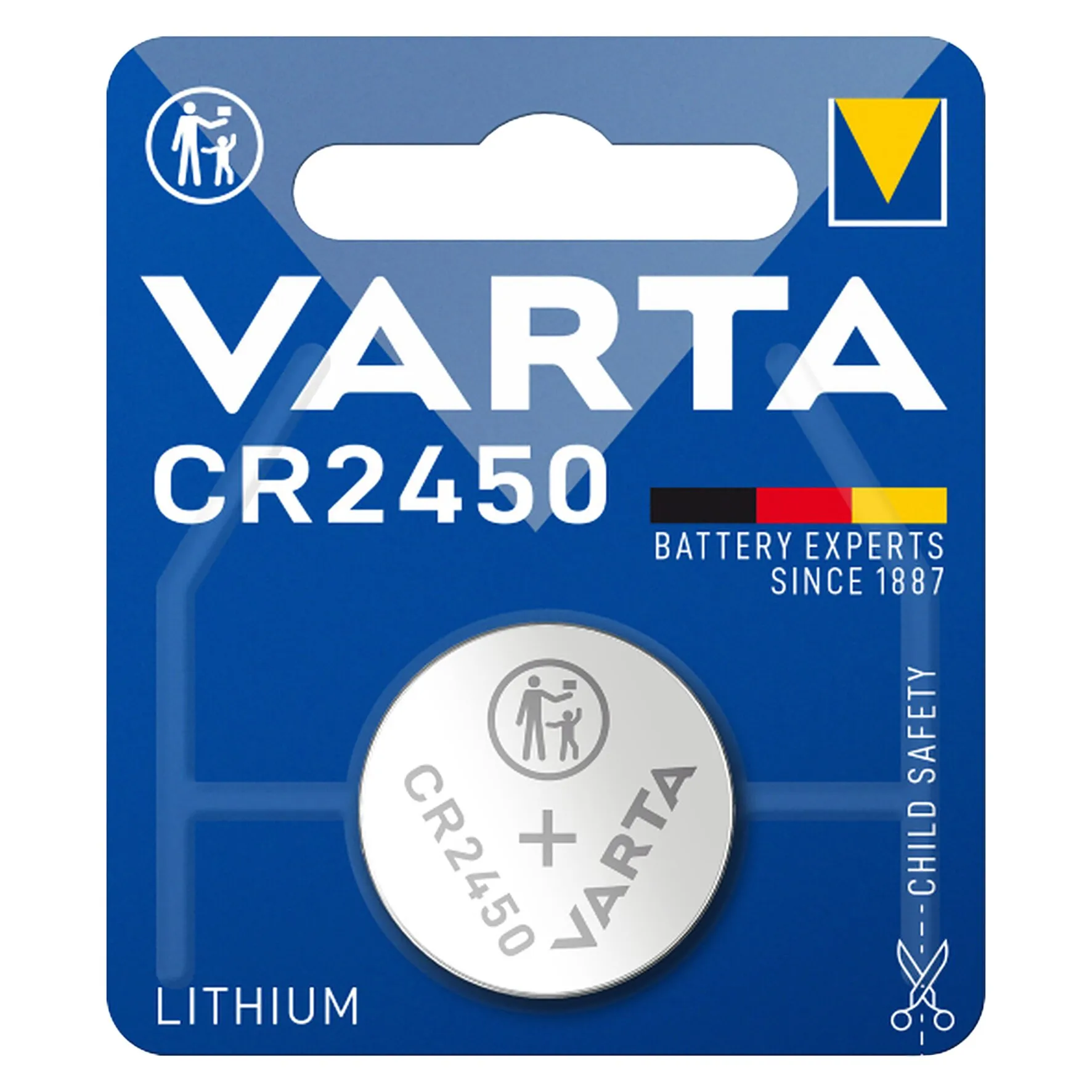 Blaue VARTA-Blisterverpackung mit einer silbernen Lithium-Knopfzelle CR2450, VARTA-Aufdruck und Kindersicherheitssymbol