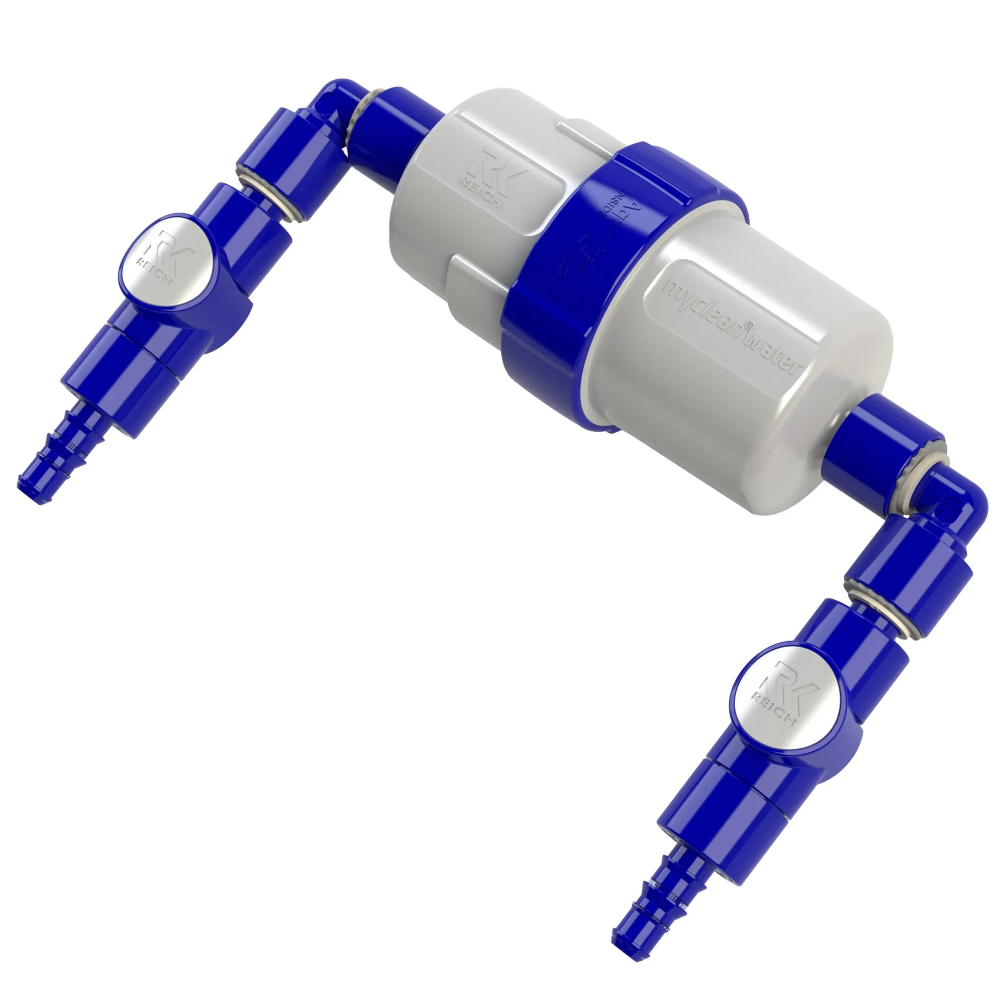 Myclean®water Wasserfilter-Einbauset mit weißem Filtergehäuse und blauem sterilem Schlauch mit beidseitig gewinkelten Anschlüssen