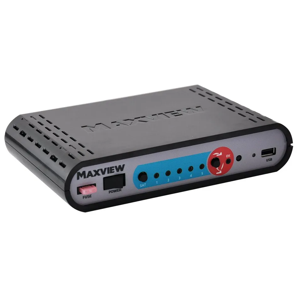 Schwarzer Maxview-Satellitenreceiver der Sat-Anlage Target Twin mit Frontdisplay, Bedientasten und USB-Anschluss