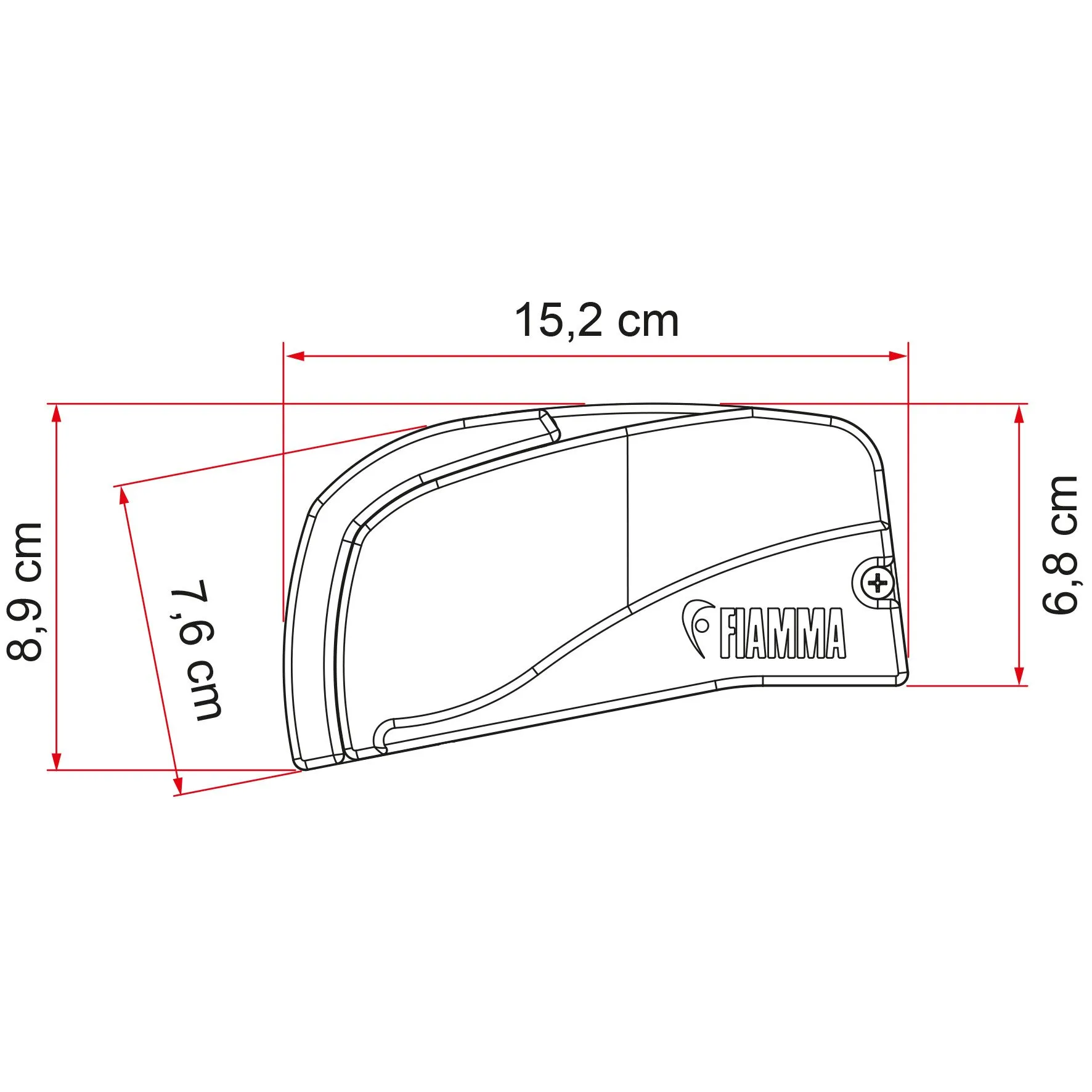 Technische Zeichnung der Fiamma-Markise F40van, 270 cm, in Seitenansicht mit Maßangaben 15,2, 8,9, 6,8 und 7,6 cm