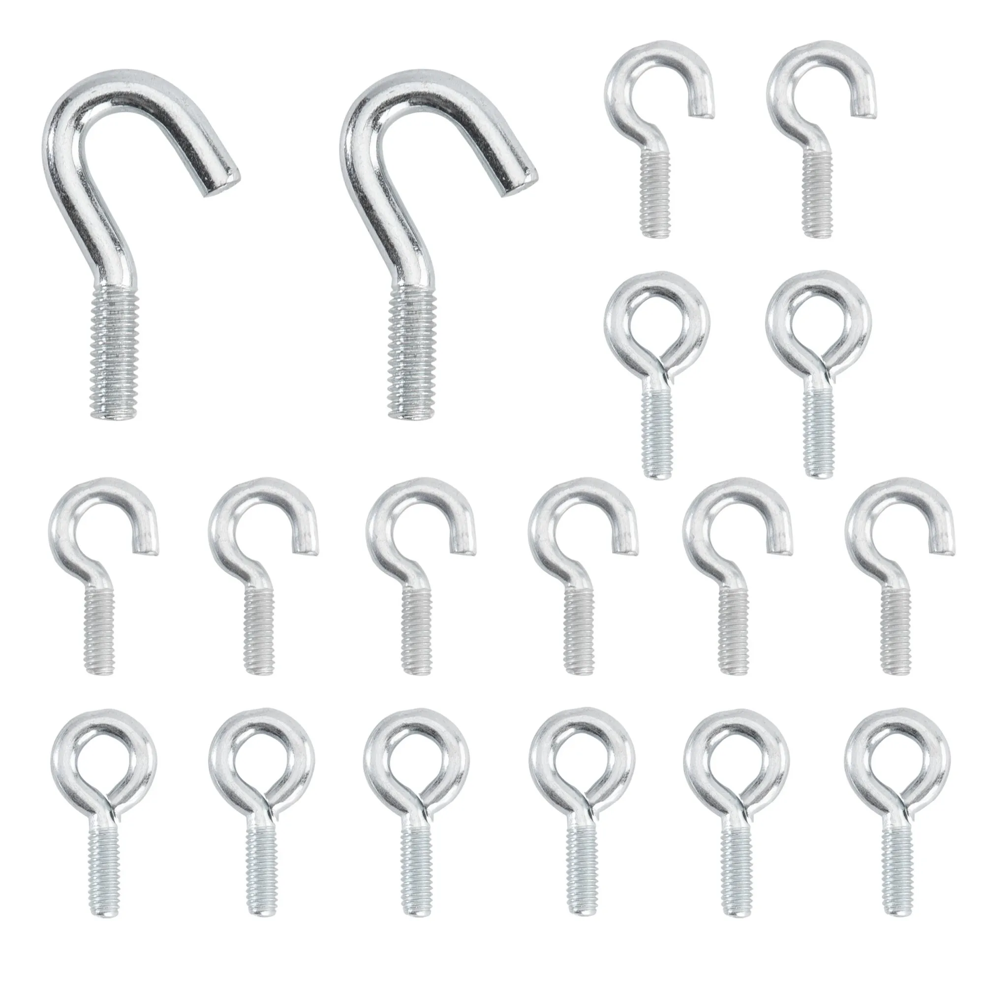 Magnet-Set Basic mit silberfarbenen Haken in verschiedenen Formen und Größen, darunter J-Haken und Ösenhaken mit Gewinde