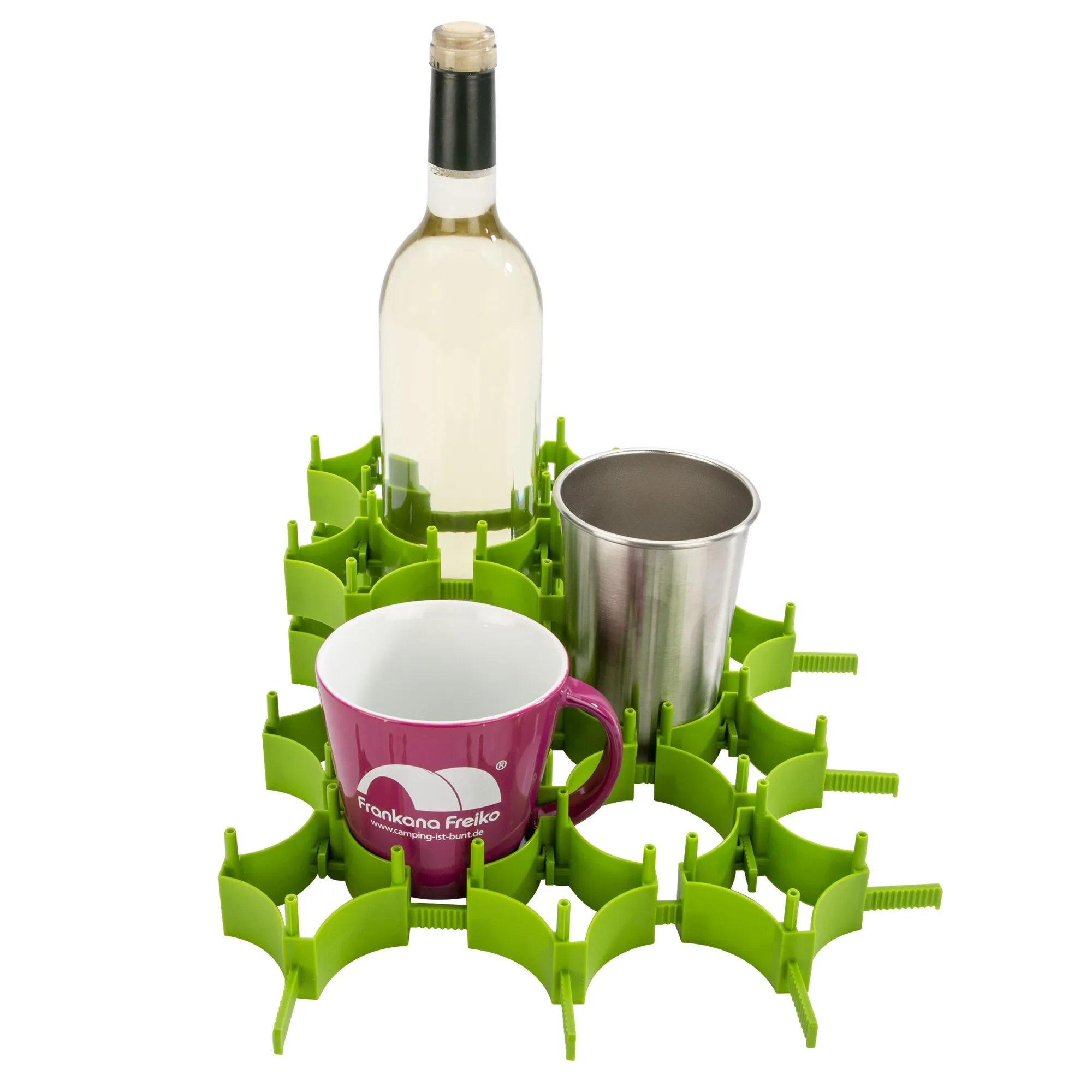 Grüner Alleshalter mit modularen Halterungen für eine Weinflasche, eine Tasse und einen Edelstahlbecher-vesm