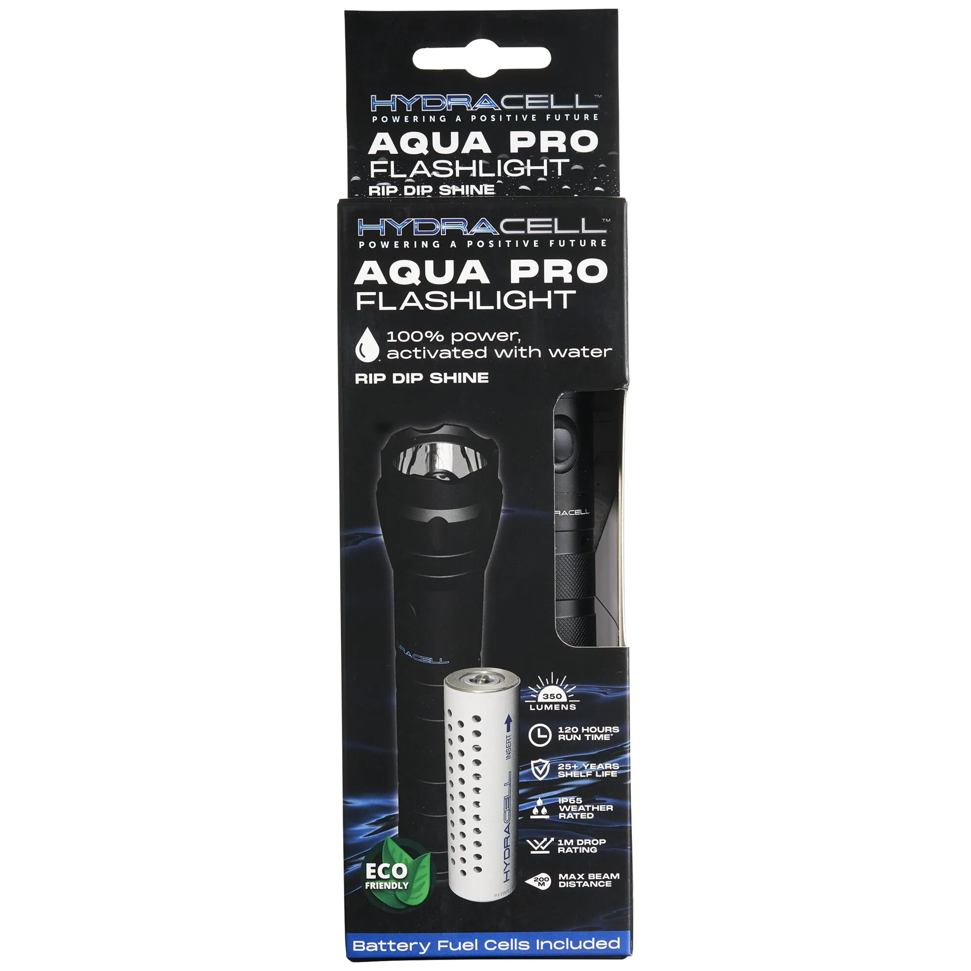 Verpackte schwarze AQUA PRO Taschenlampe von Hydracell mit sichtbarer Brennstoffzelle und Produktangaben auf der Verpackung