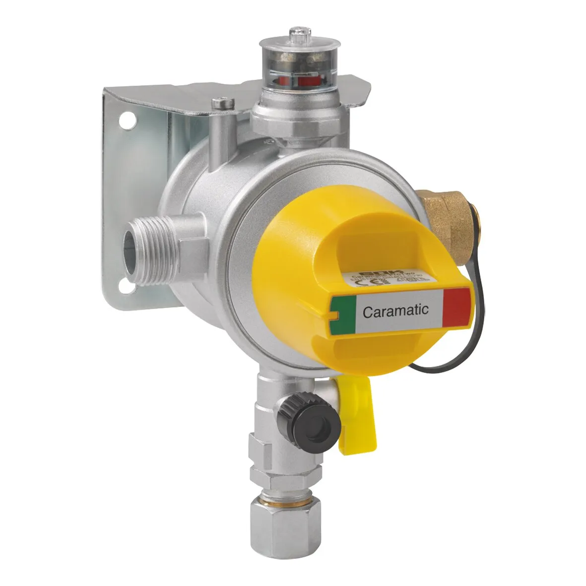 Automatisches Umschaltventil Caramatic ProTwo, 30 mbar, aus Metall mit gelbem Drehknopf und Anschlüssen