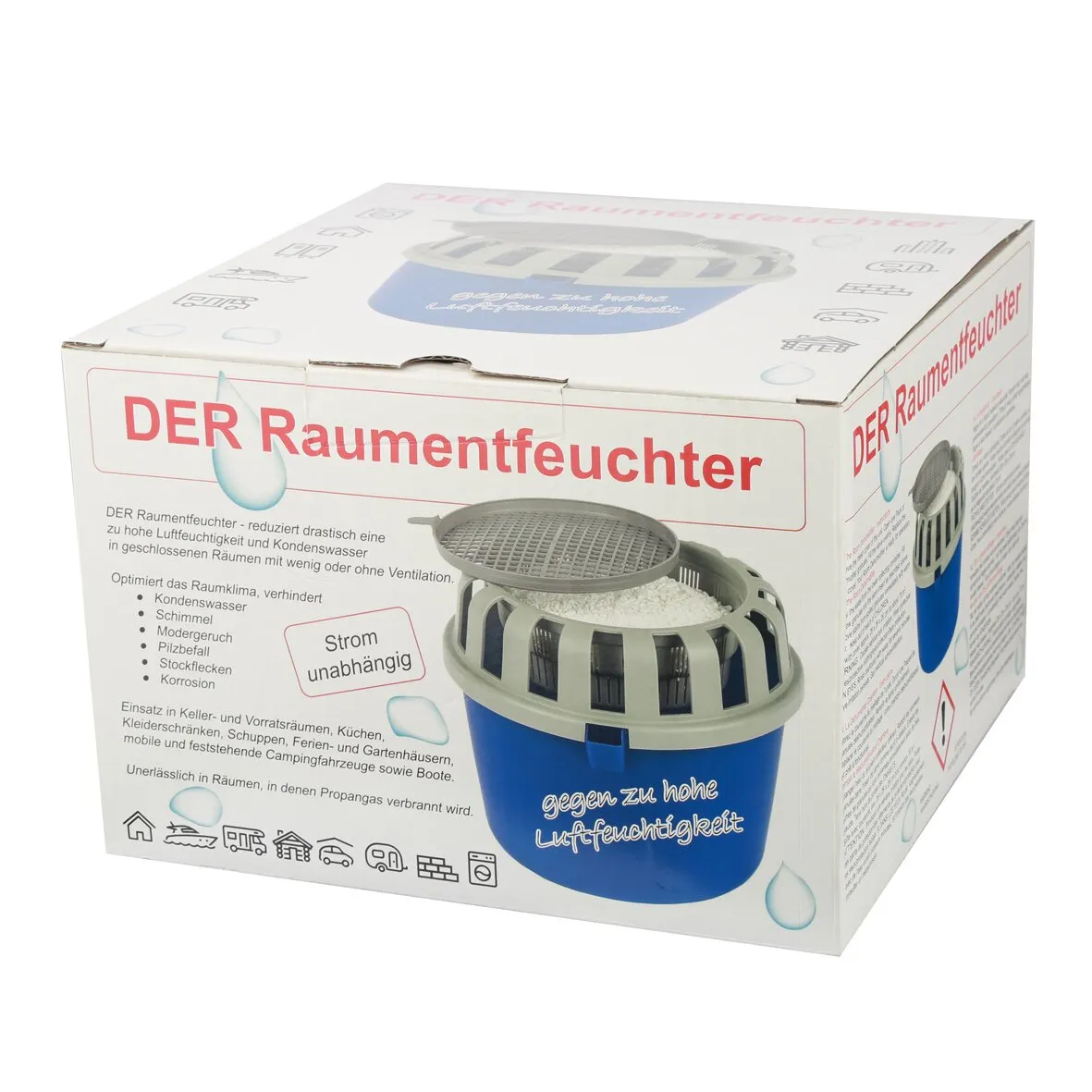 Verpackung eines stromunabhängigen Raumentfeuchters mit blauem Granulatbehälter und 1 kg Granulat abgebildet
