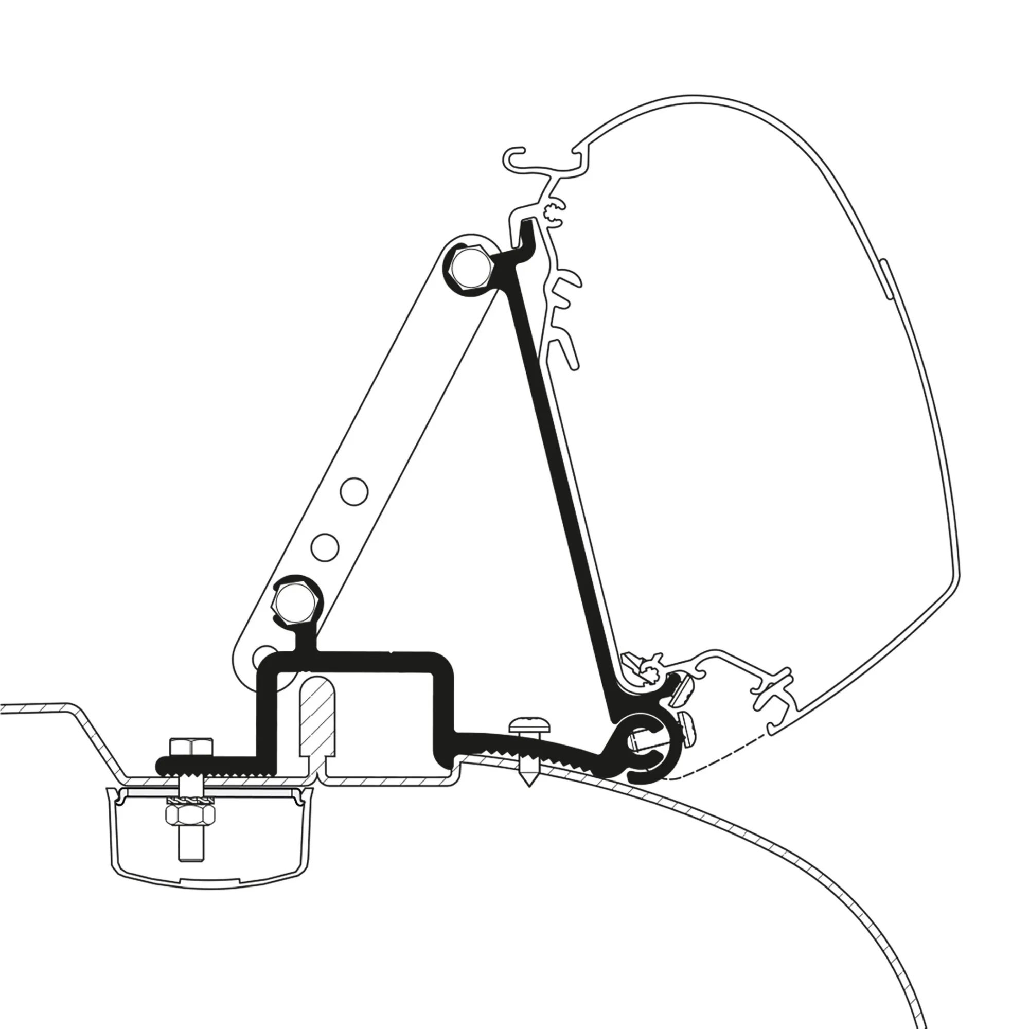 Technische Seitenansicht eines Montageadapters für Fiat Ducato 1994–2006 zur Befestigung einer TO-Markise der Serie 5200