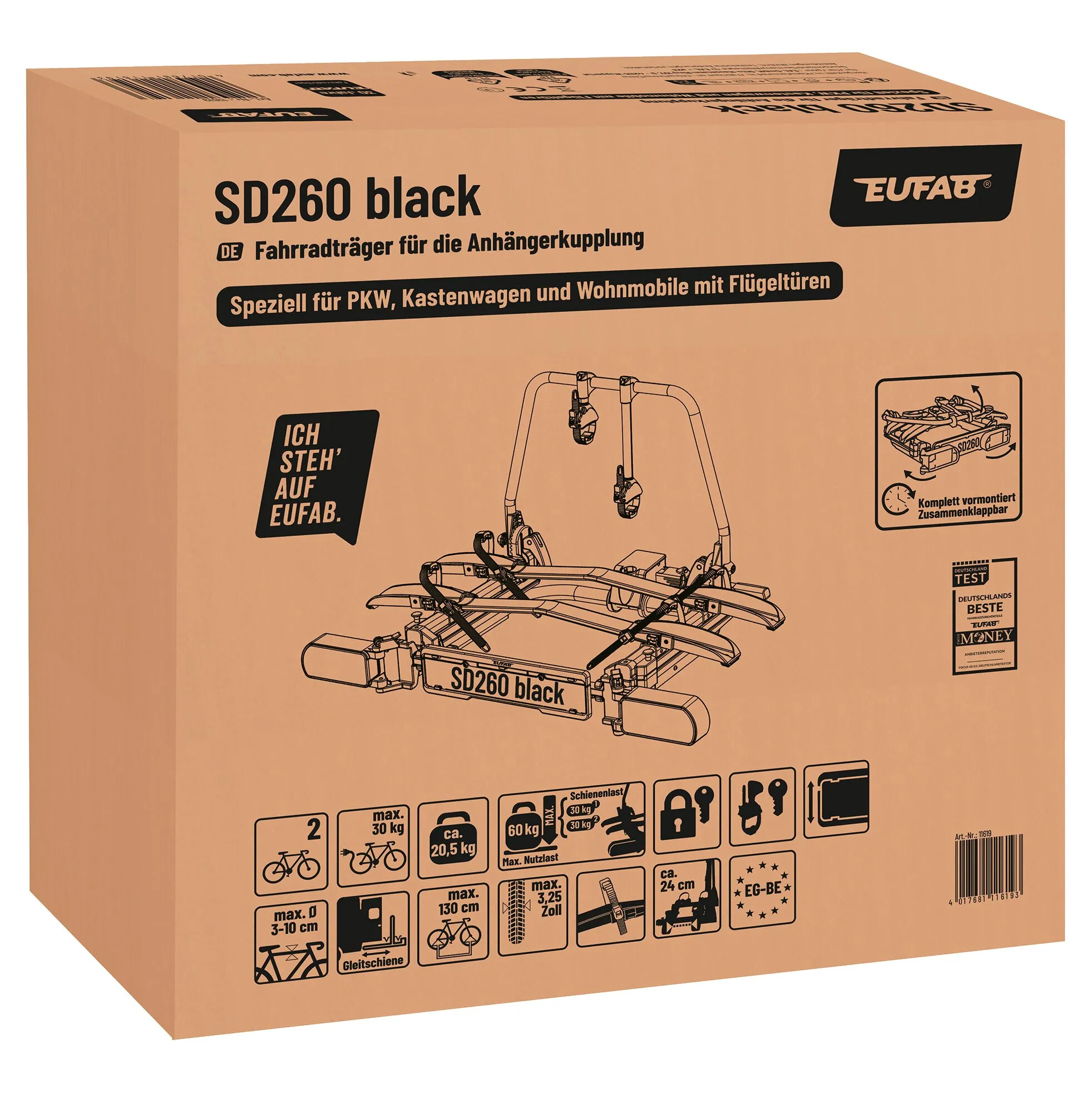 Eufab SD260 black Fahrradträger für die Anhängerkupplung auf braunem Karton, zusammenklappbar und für zwei Fahrräder geeignet