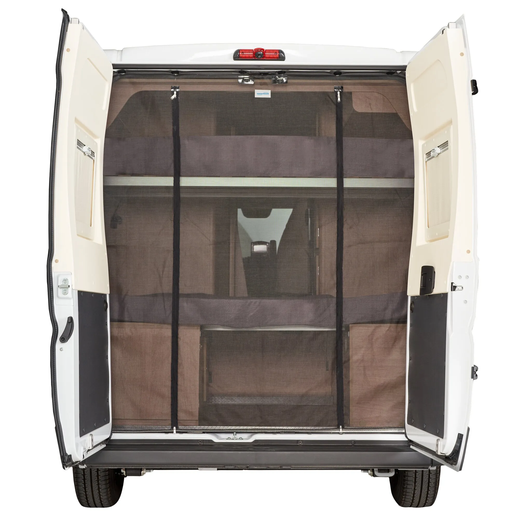 Insektenschutzvorhang für die geöffnete Hecktür eines Fiat Ducato H2 mit schwarzem Moskitonetz und Reißverschlüssen