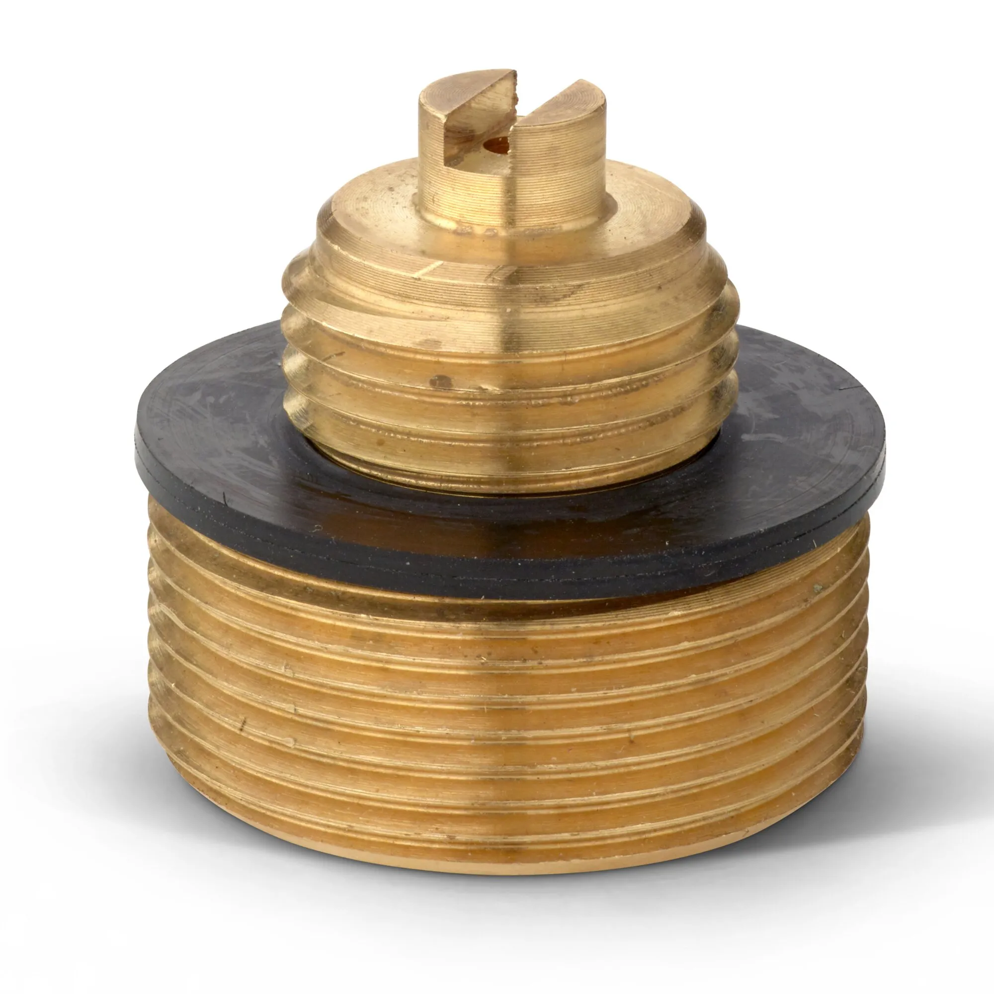 Messingfarbener Adapter für Gasgrills und 3-kg-Gasflaschen mit schwarzem Dichtungsring und geriffeltem Schraubgewinde