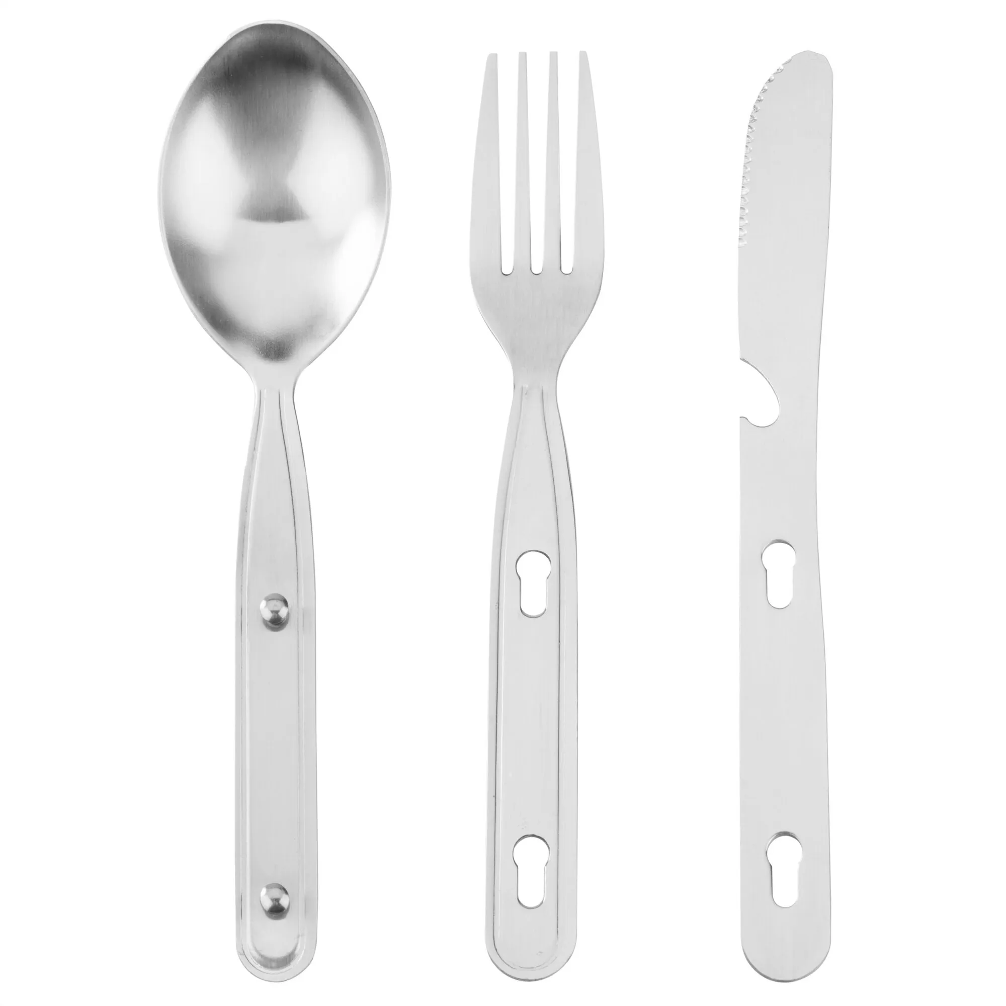 Silberfarbenes Essbesteck Basic aus Metall mit Löffel, Gabel und Wellenschliffmesser in Frontalansicht