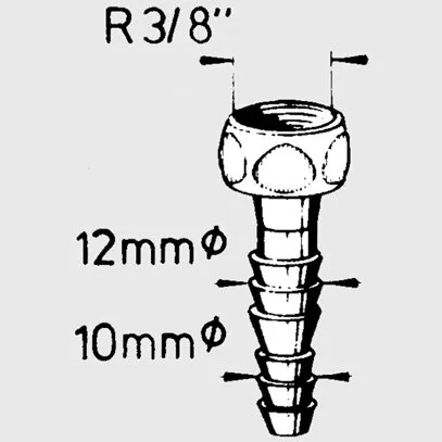 Technische Zeichnung einer geraden Messing-Schlauchtülle mit R 3/8-Zoll-Gewinde und 12- sowie 10-mm-Schlauchtüllen-Durchmesser