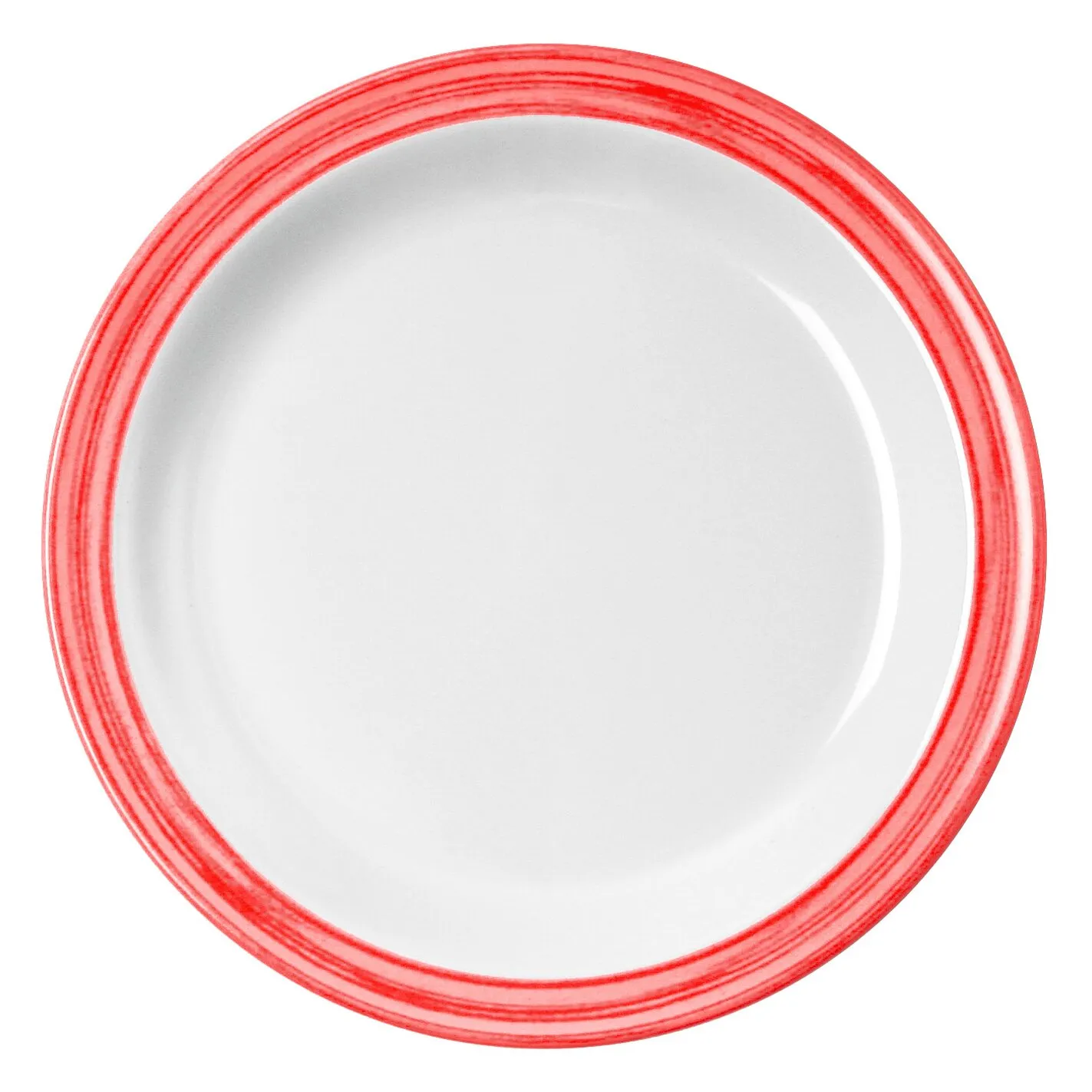 Runder weißer Dessertteller der Geschirrserie Family Bistro mit mehrfachem rotem Linienrand, Ansicht von oben