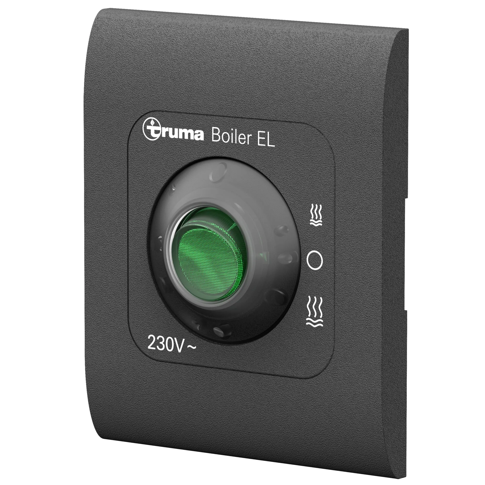 Schwarzes Bedienpanel eines Truma Boiler EL mit grün beleuchtetem Drehschalter, 230-Volt-Anzeige und Heizstufensymbolen