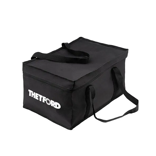 Schwarze Thetford Cassette Carry Bag mit Reißverschluss, Tragegriffen und Schultergurt in rechteckiger Form