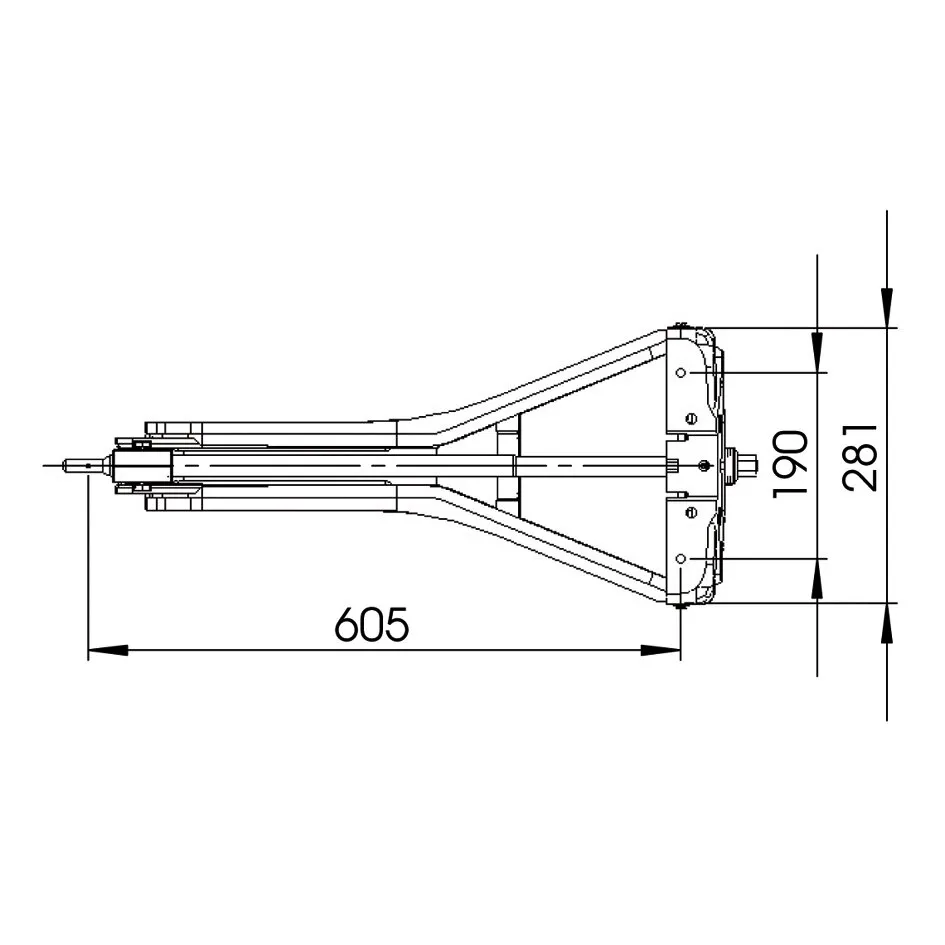 Technische Seitenansicht der Steckstütze 1250 L mit Maßangaben: 605 mm Länge sowie 190 und 281 mm Höhe