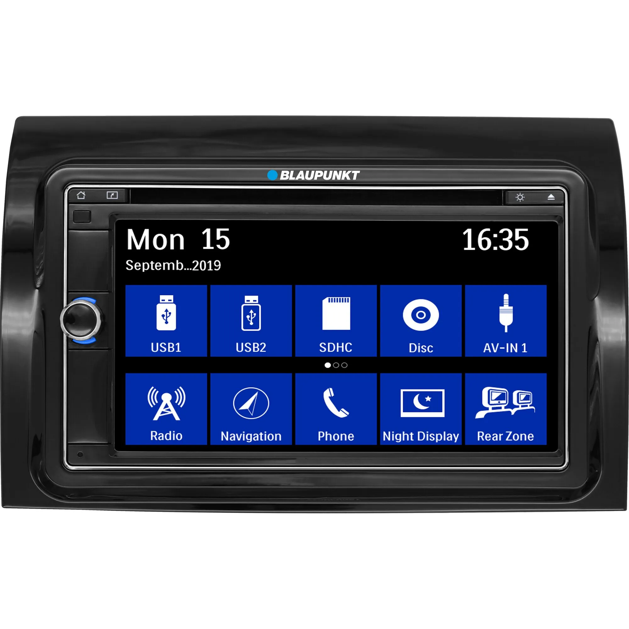 Blaupunkt Camper 690 DAB D8, schwarzes Navigationssystem mit Display und Menüs für USB, SD, Disc, Radio, Navigation und Telefon