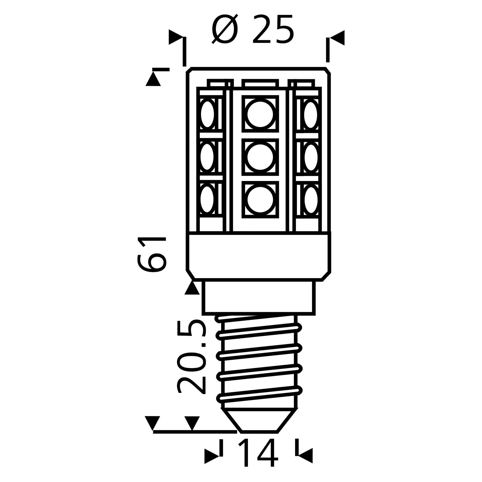 Technische Zeichnung eines LED-Leuchtmittels mit E14-Schraubsockel, zylindrischem Körper, 25 mm Durchmesser und 61 mm Höhe
