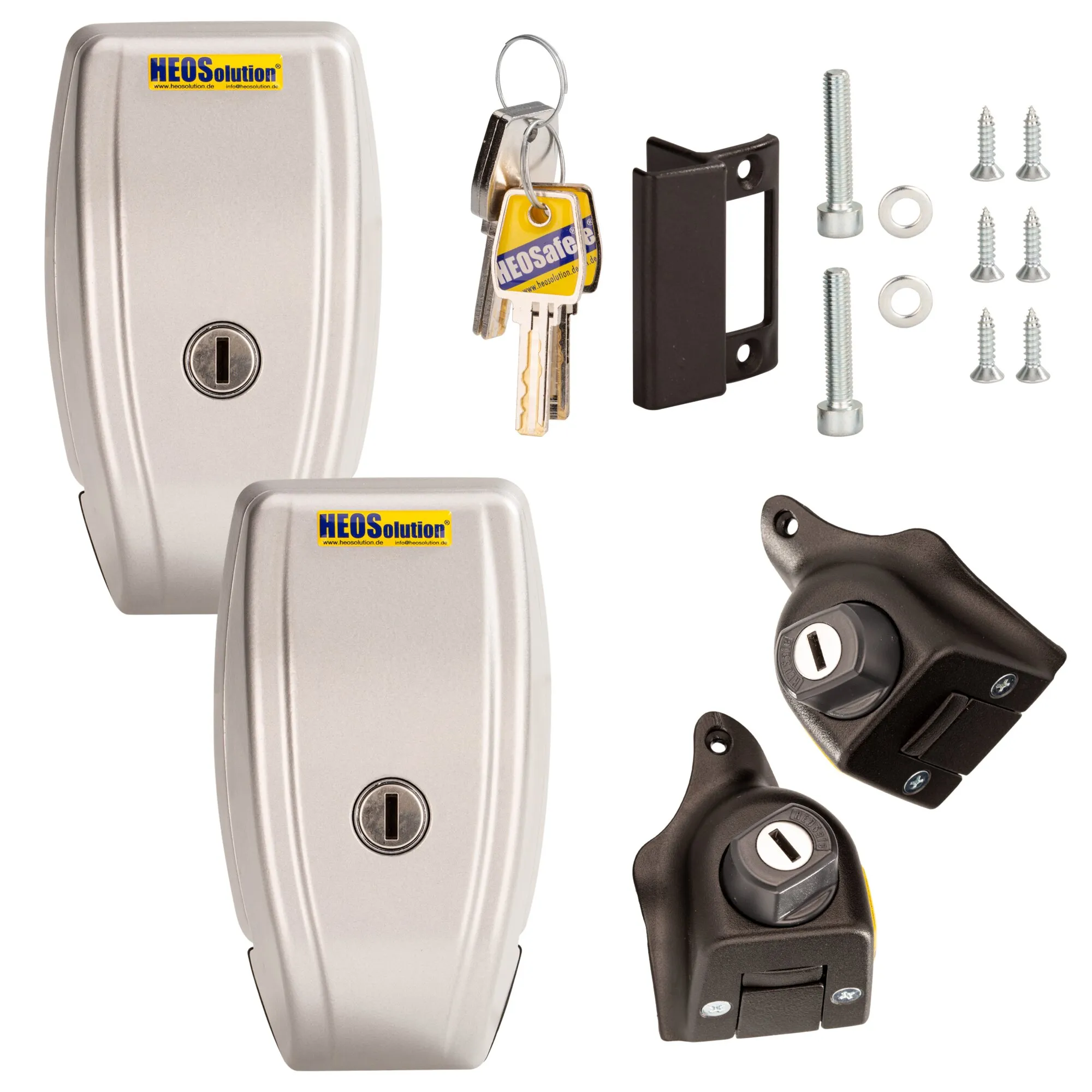 HEOSafe Sicherheitspaket Van Security für Fiat Ducato ab 09/2021 mit zwei silbergrauen Türschlössern, schwarzen Zusatzschlössern, Schlüsseln und Befestigungsmaterial