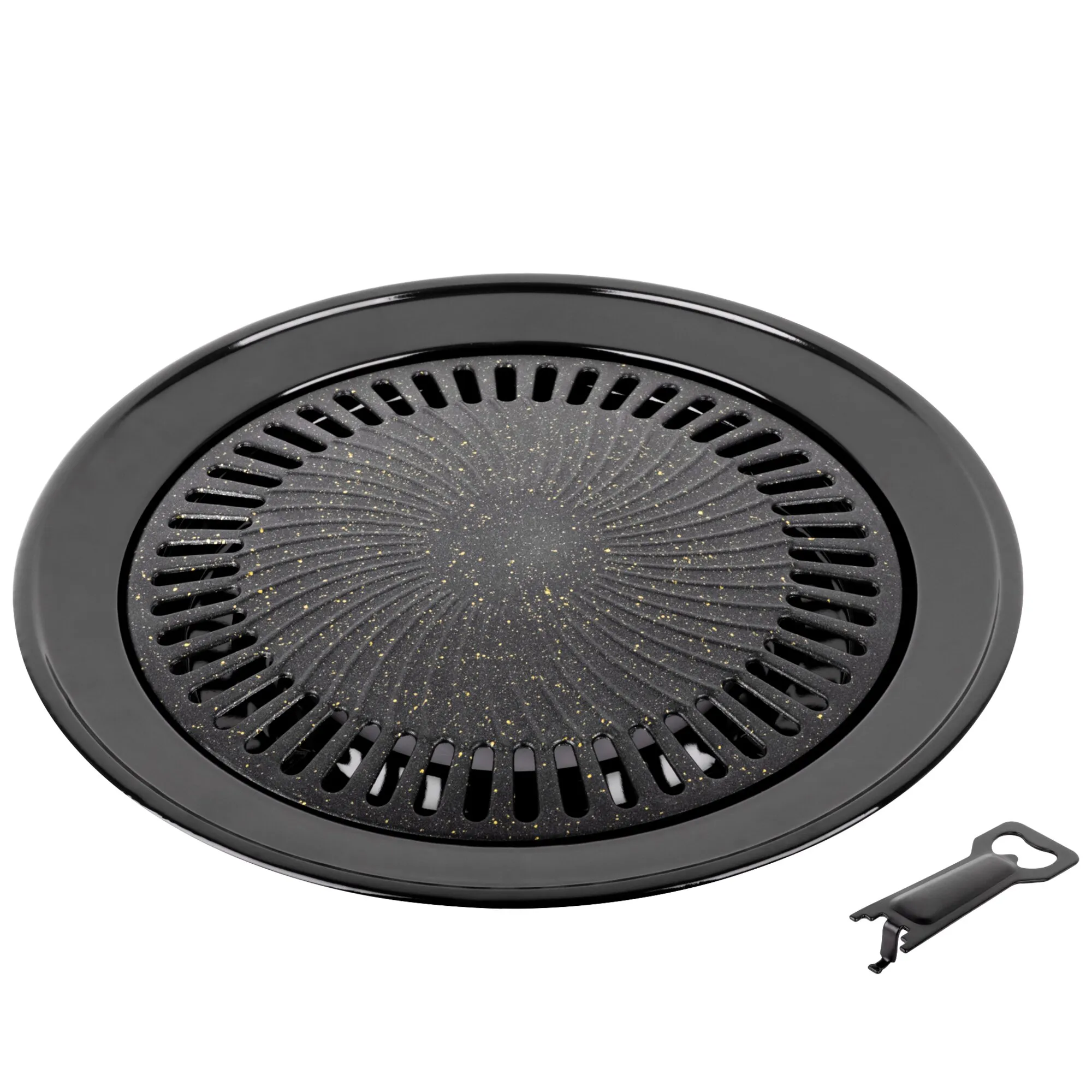 Schwarzer runder Grillaufsatz Devil Grill Plate mit gerillter Grillfläche, ringförmigen Öffnungen und abnehmbarem Griffaufsatz