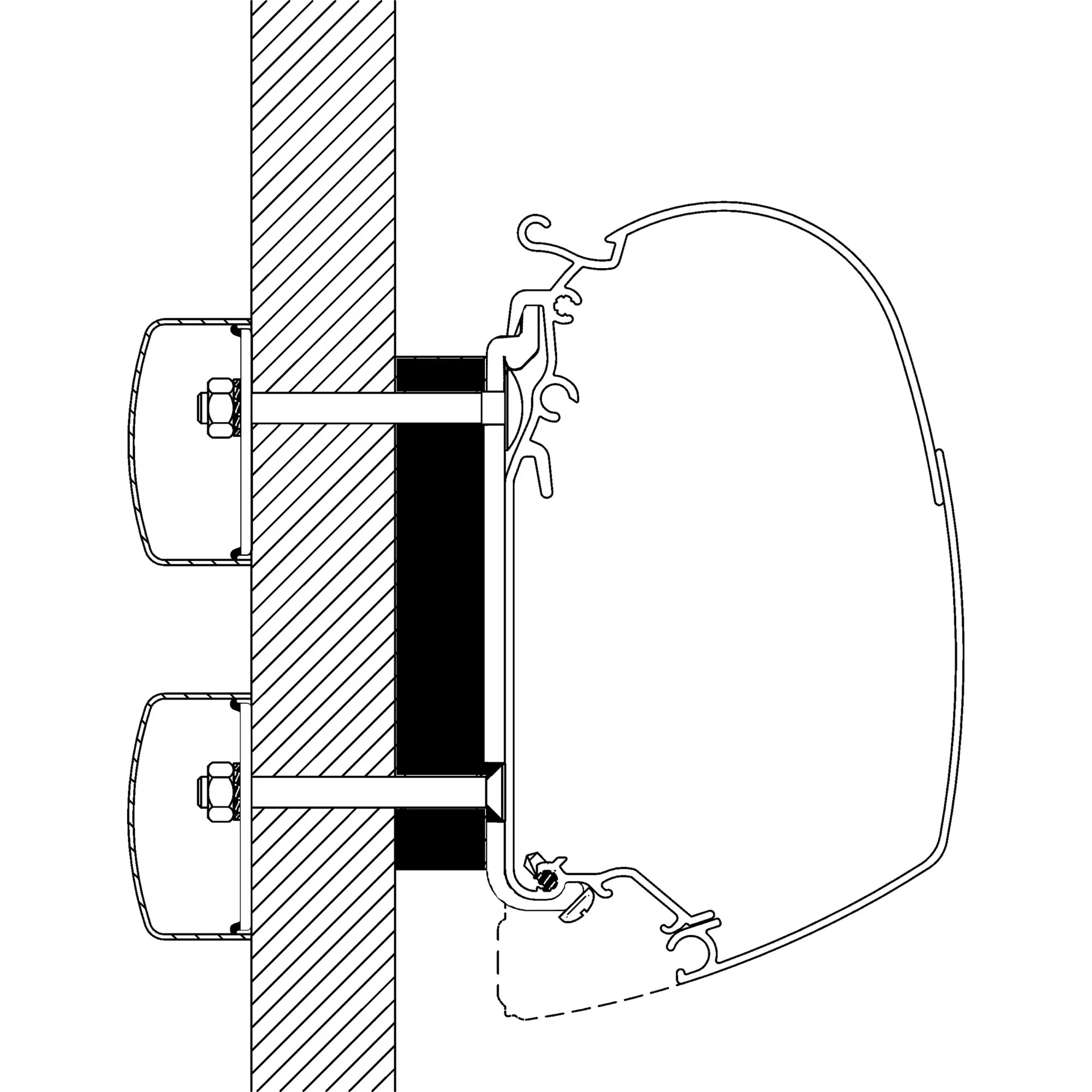 Technische Schnittzeichnung des Adapter-Sets für Dethleffs Globebus TO 5003 und 5200 zur Wandmontage einer 3,50-m-Markise