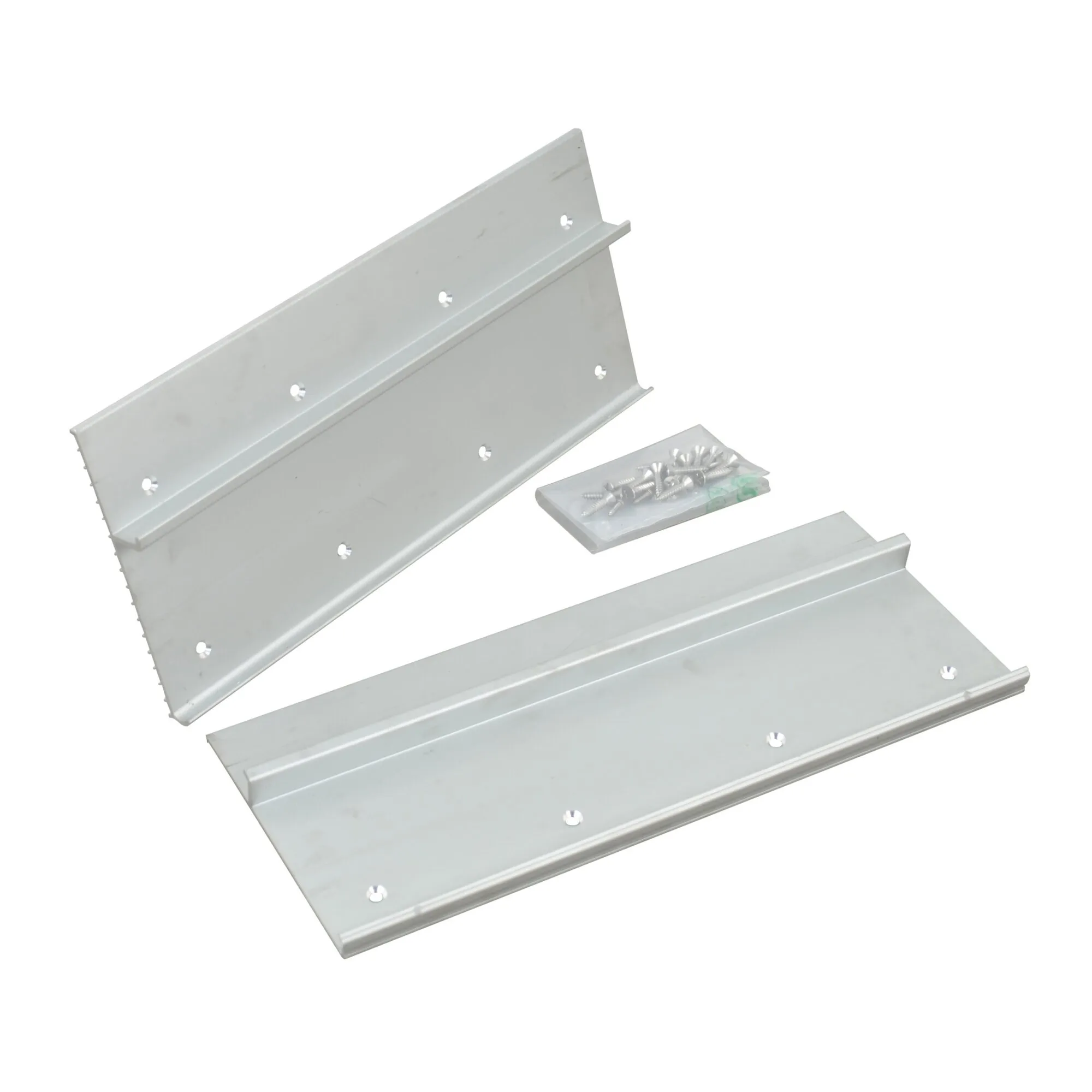 Kit Fiberglass Roof aus zwei grauen Glasfaser-Dachplatten mit Befestigungslöchern und Schraubensatz geschniegelt