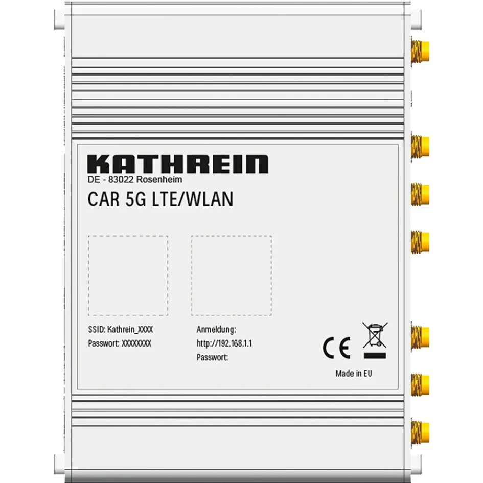 Weißer Kathrein CAR 5G LTE/WLAN-Router mit geriffeltem Gehäuse, seitlichen Anschlüssen und Geräteaufdruck