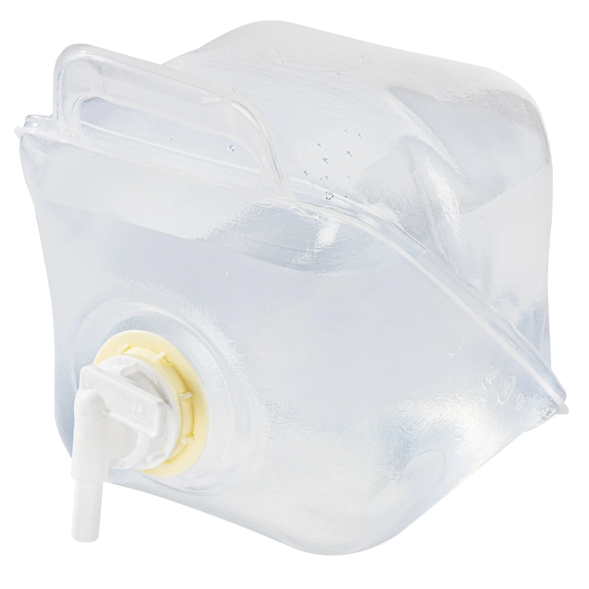 Transparenter faltbarer 5-Liter-Kanister mit integriertem Tragegriff und weißem Auslaufhahn an der Vorderseite