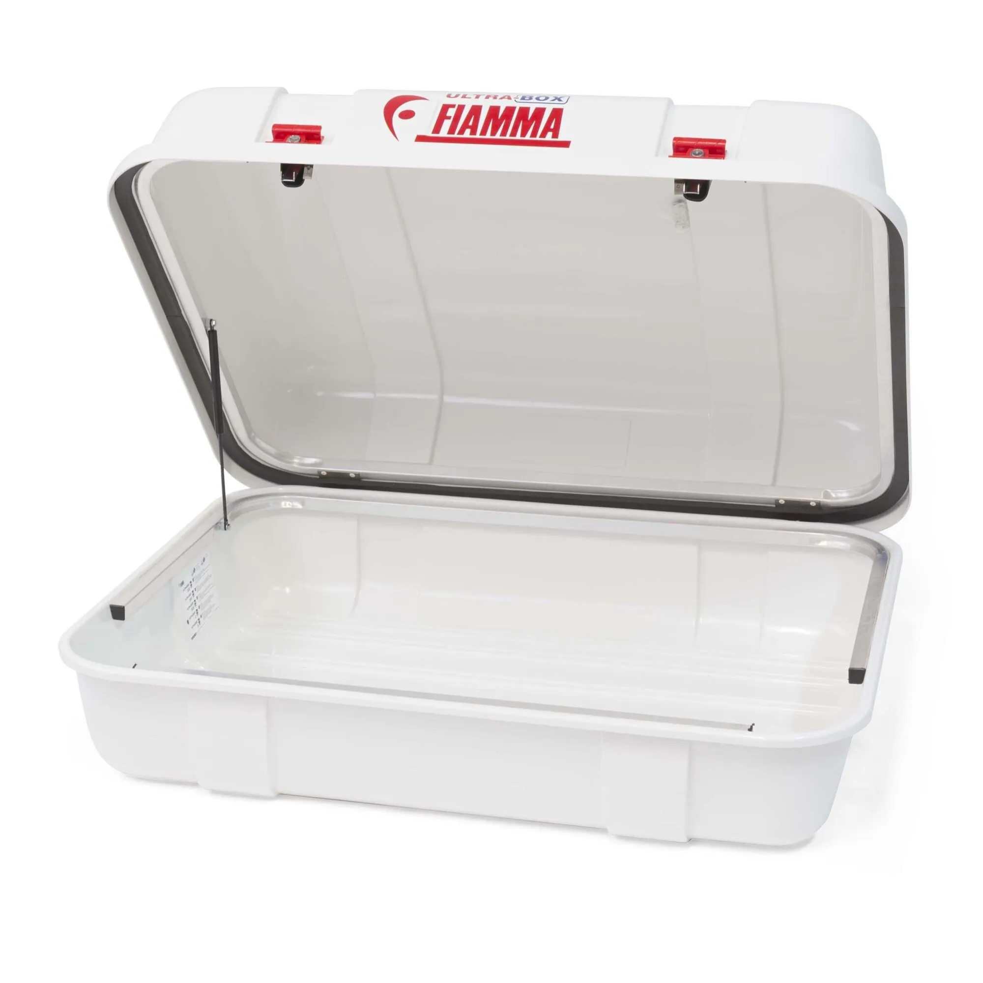 Weiße Fiamma Ultra Box Top Dachbox mit geöffnetem Deckel, leerem Innenraum und 400 Litern Fassungsvermögen