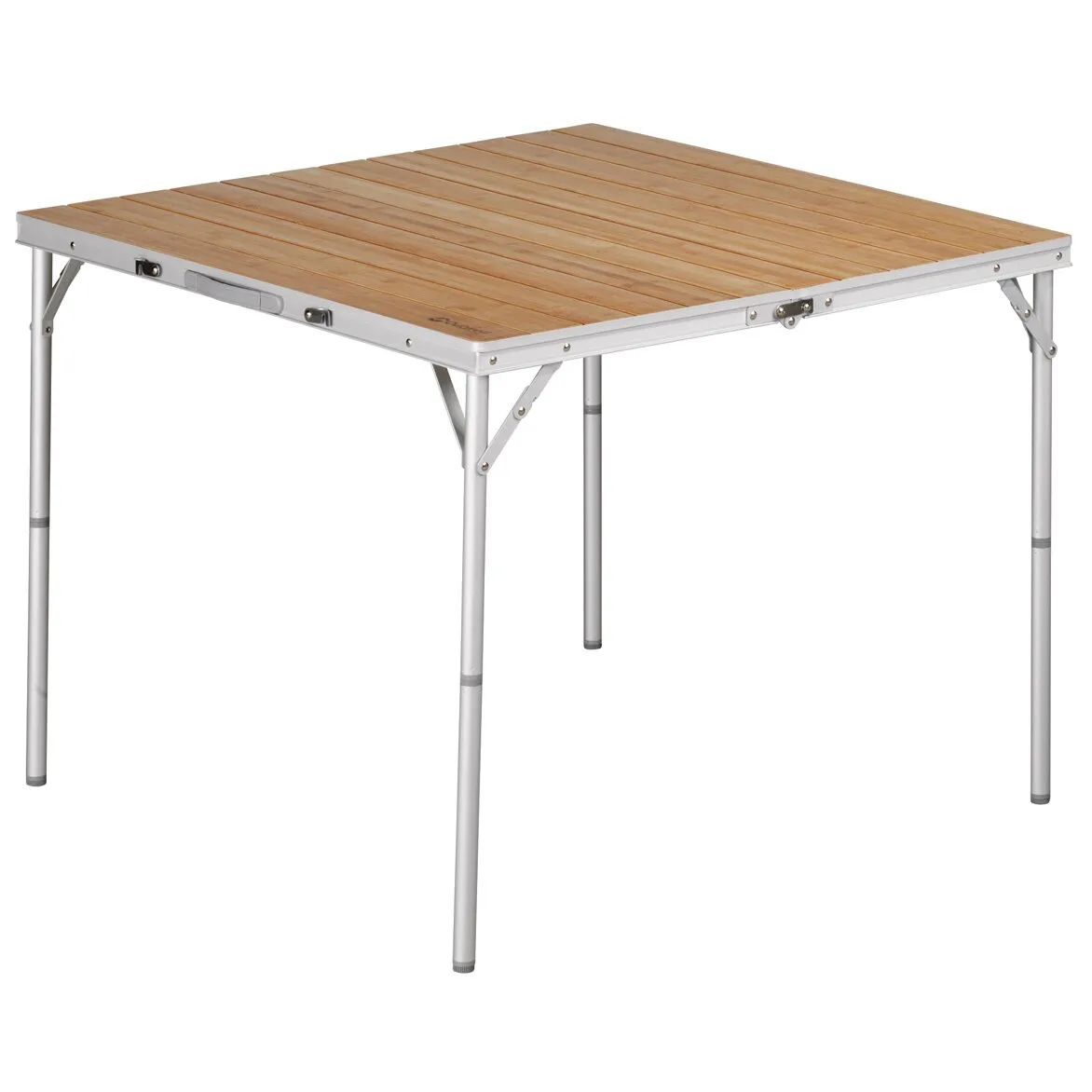Bambustisch Calgary mit rechteckiger Holzlattenplatte, silbernem Aluminiumgestell und vier klappbaren Beinen, 90 cm breit