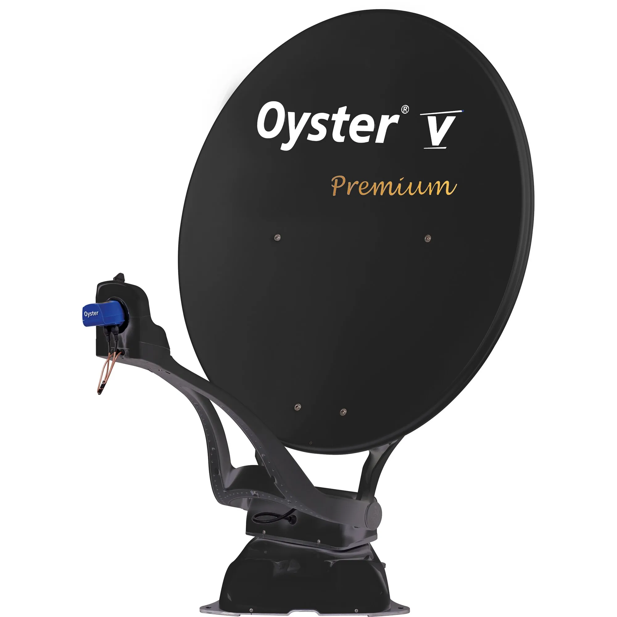 Anthrazitfarbene Oyster V Single-Skew-Satellitenanlage mit rundem Parabolspiegel, blauem LNB und motorisierter Halterung